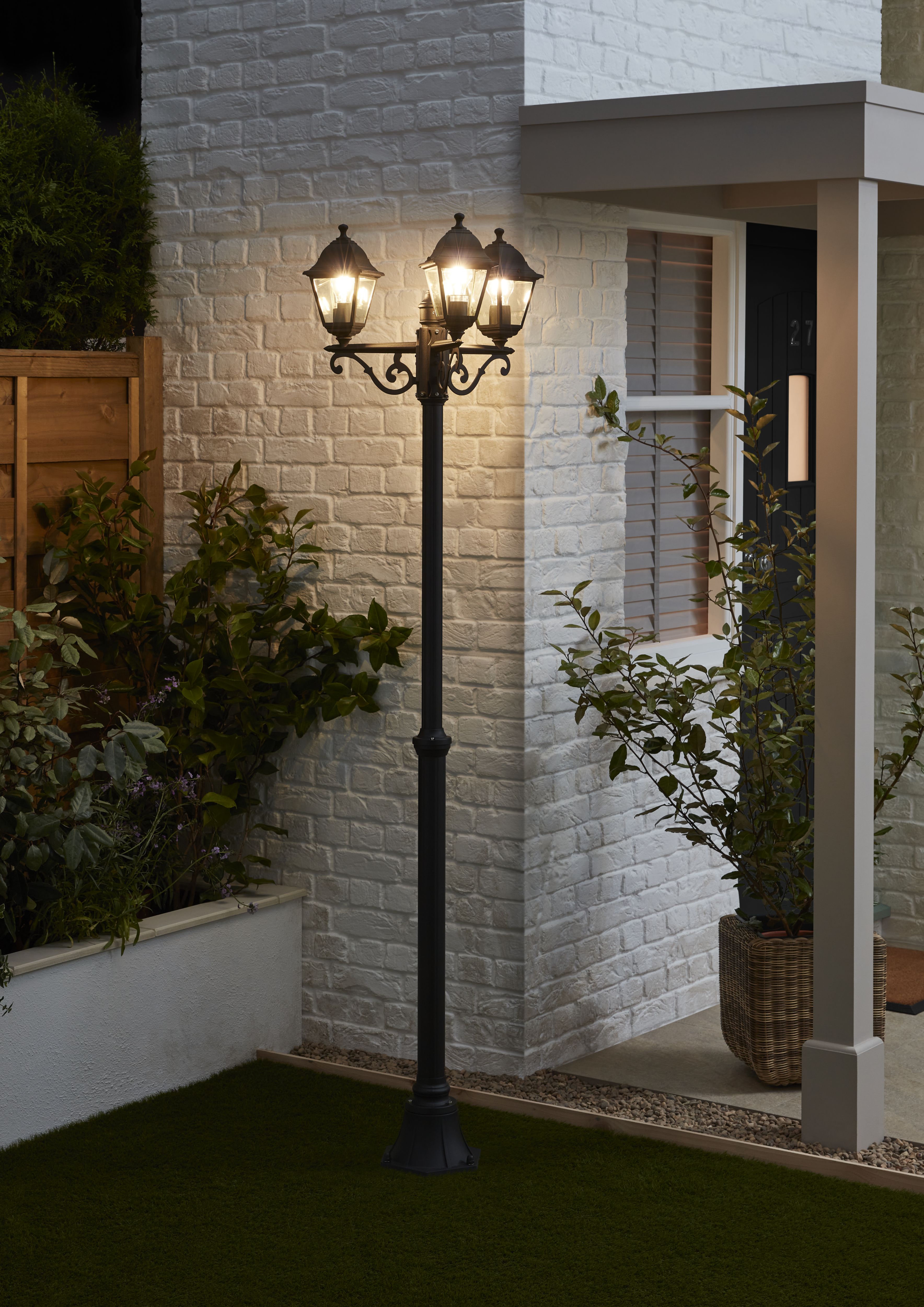 Blooma Varennes Black Mains powered 3 lamp Halogen 4 faces Post lantern H 2080mm