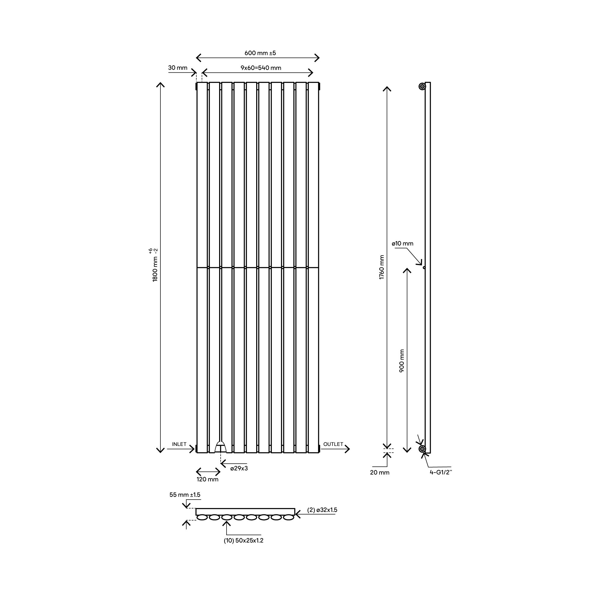 Blyss Wickham Anthracite Vertical Designer Radiator, (W)600mm x (H)1800mm