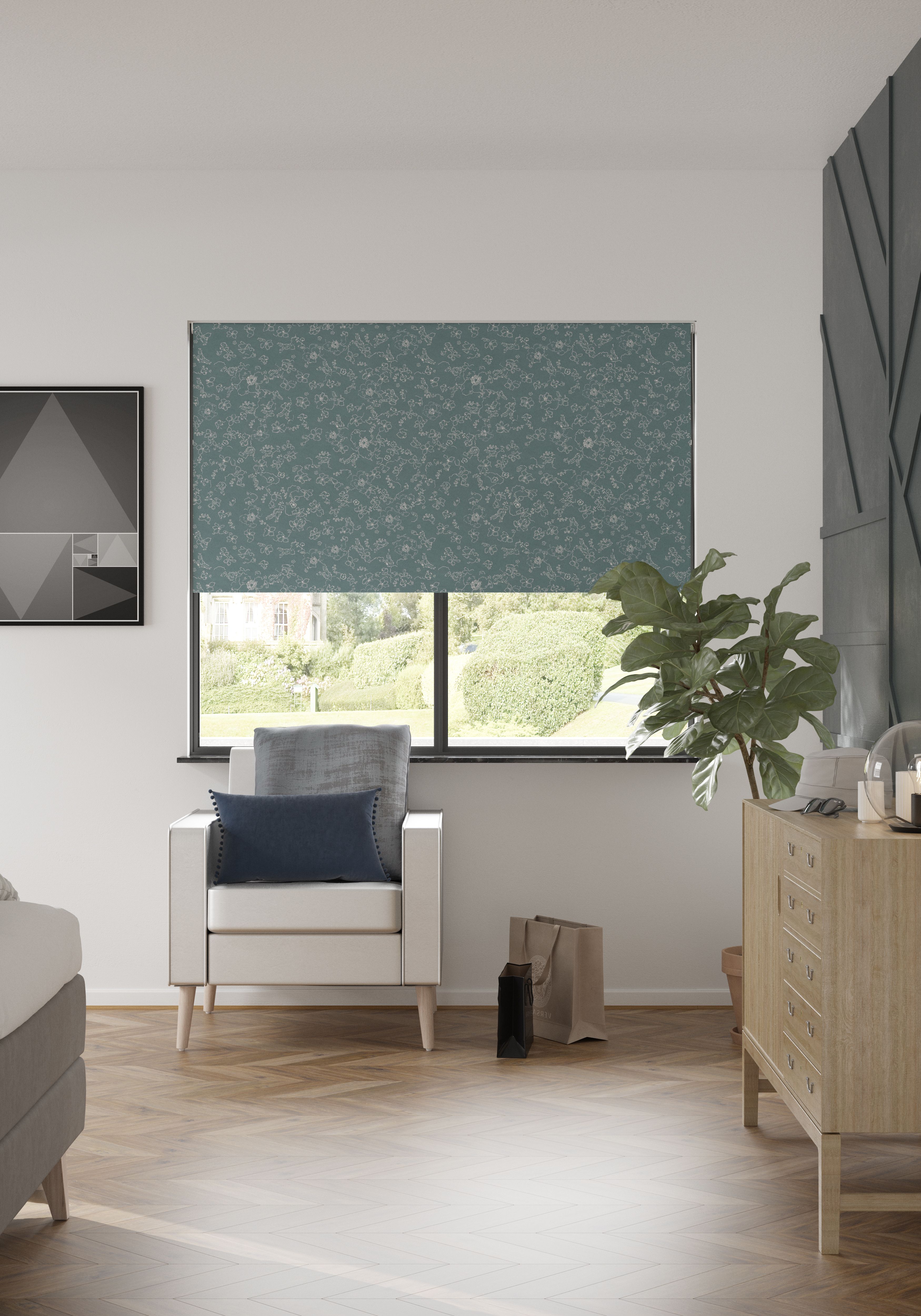 Boreas Corded Light blue Floral Blackout Roller blind (W)180cm (L)180cm