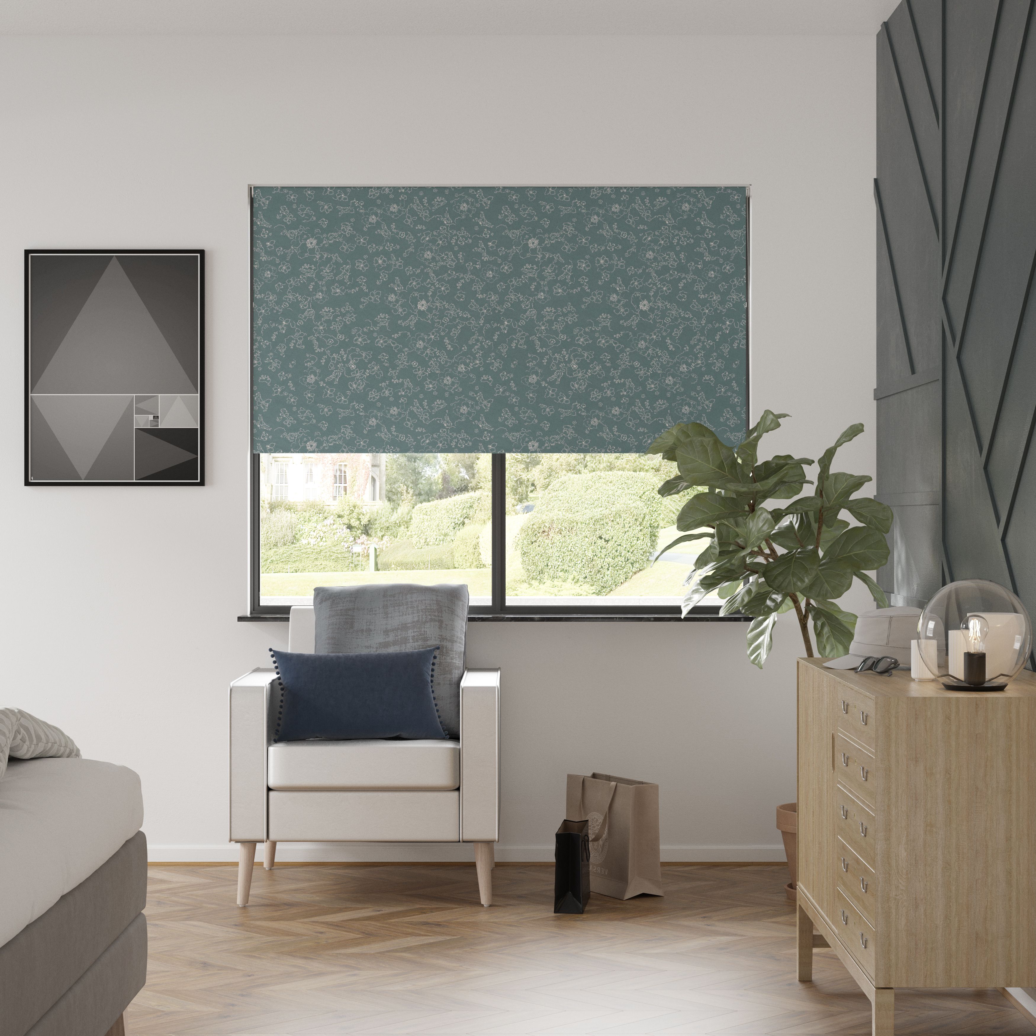 Boreas Corded Light blue Floral Blackout Roller blind (W)90cm (L)180cm