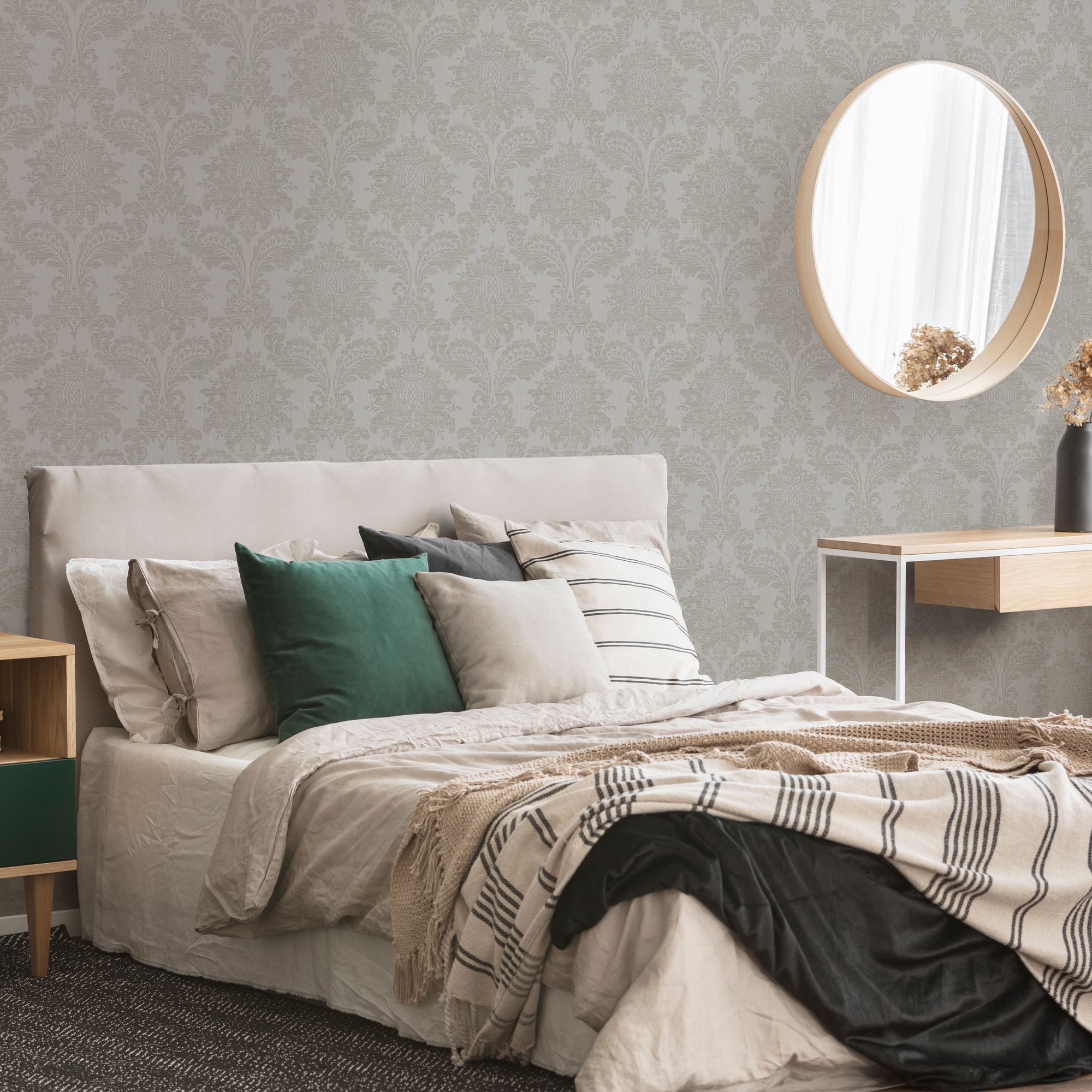 Boutique Beige Metallic effect Damask Textured Wallpaper Sample