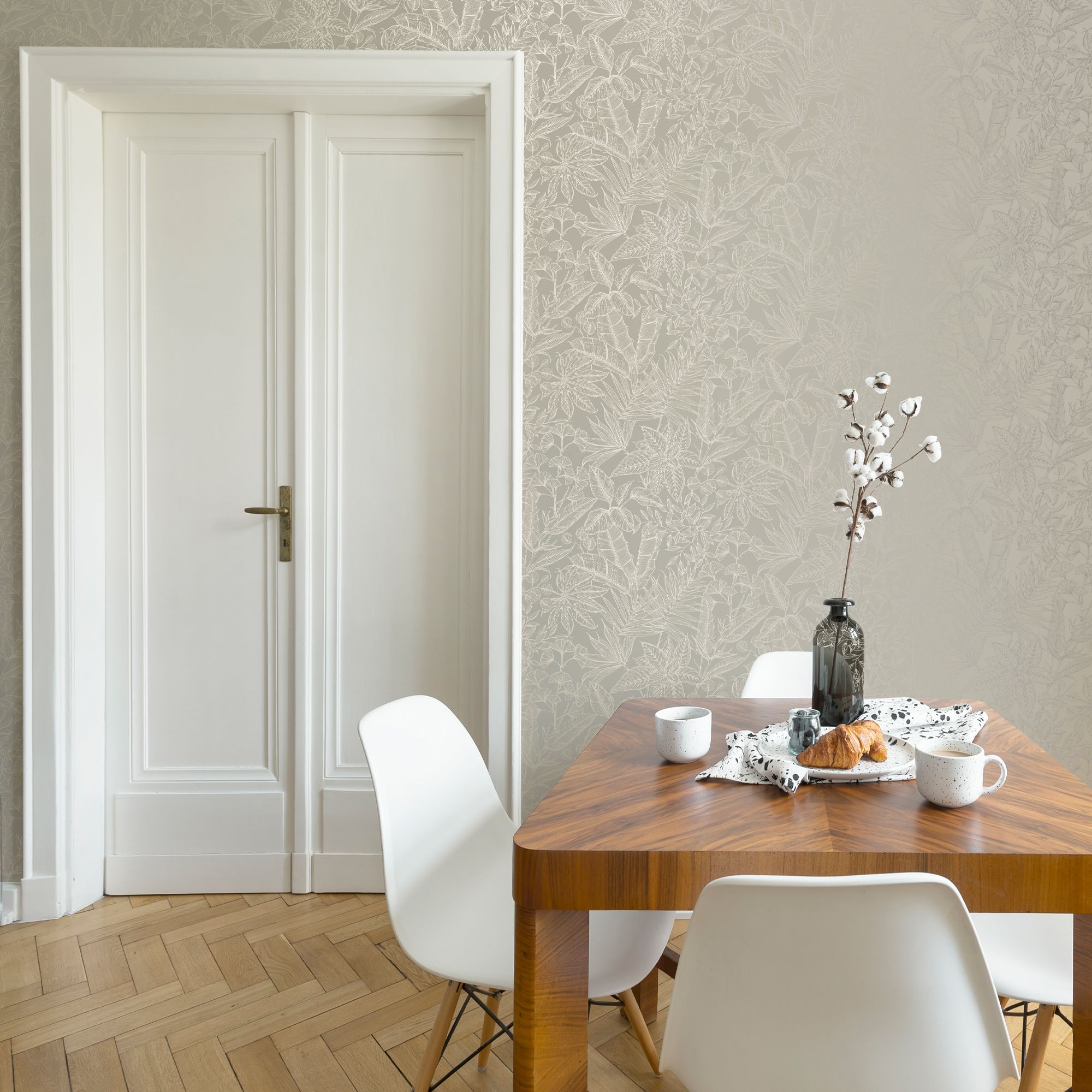 Boutique Beige Metallic effect Leaves Textured Wallpaper Sample