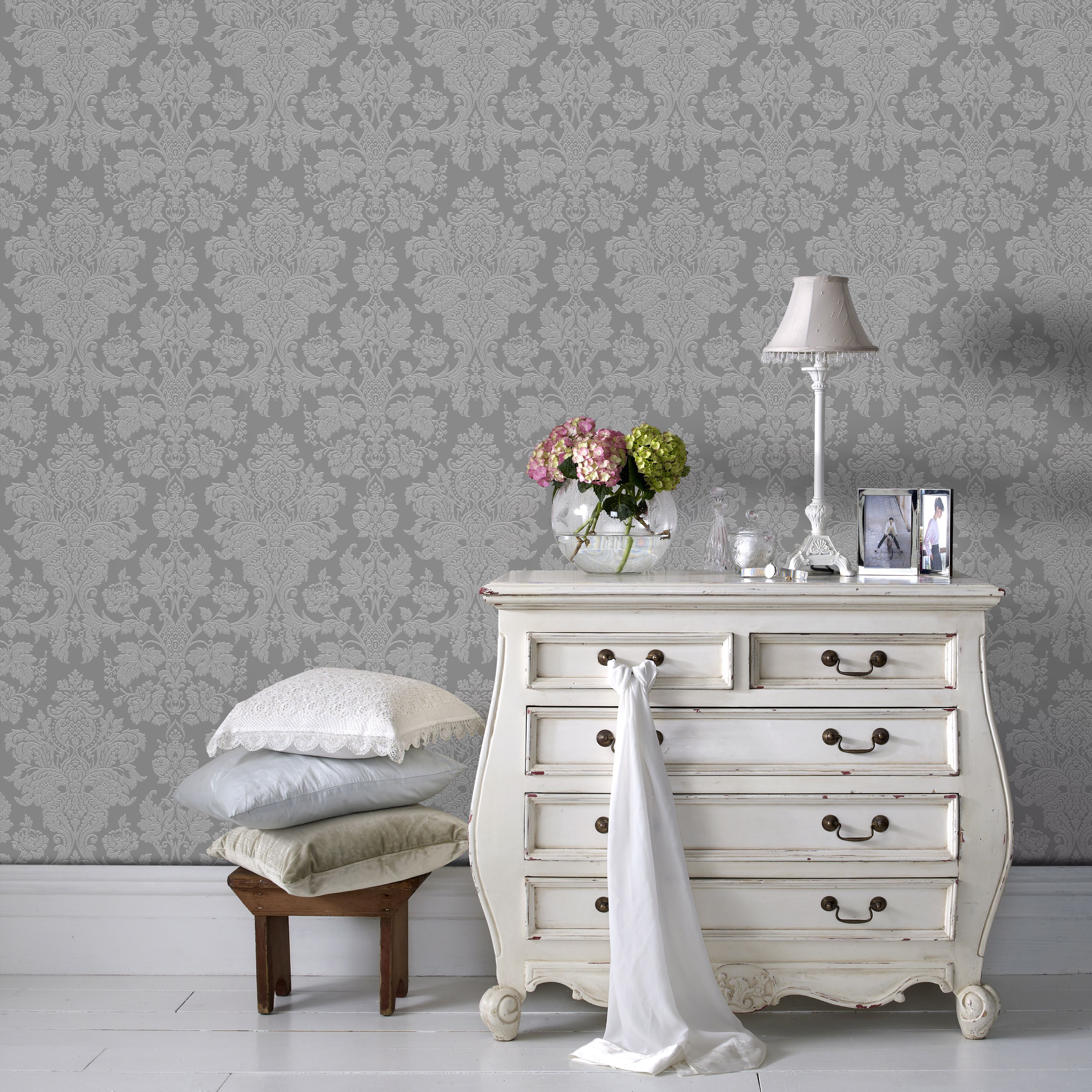 Boutique Buckingham Silver effect Damask Textured Wallpaper Sample