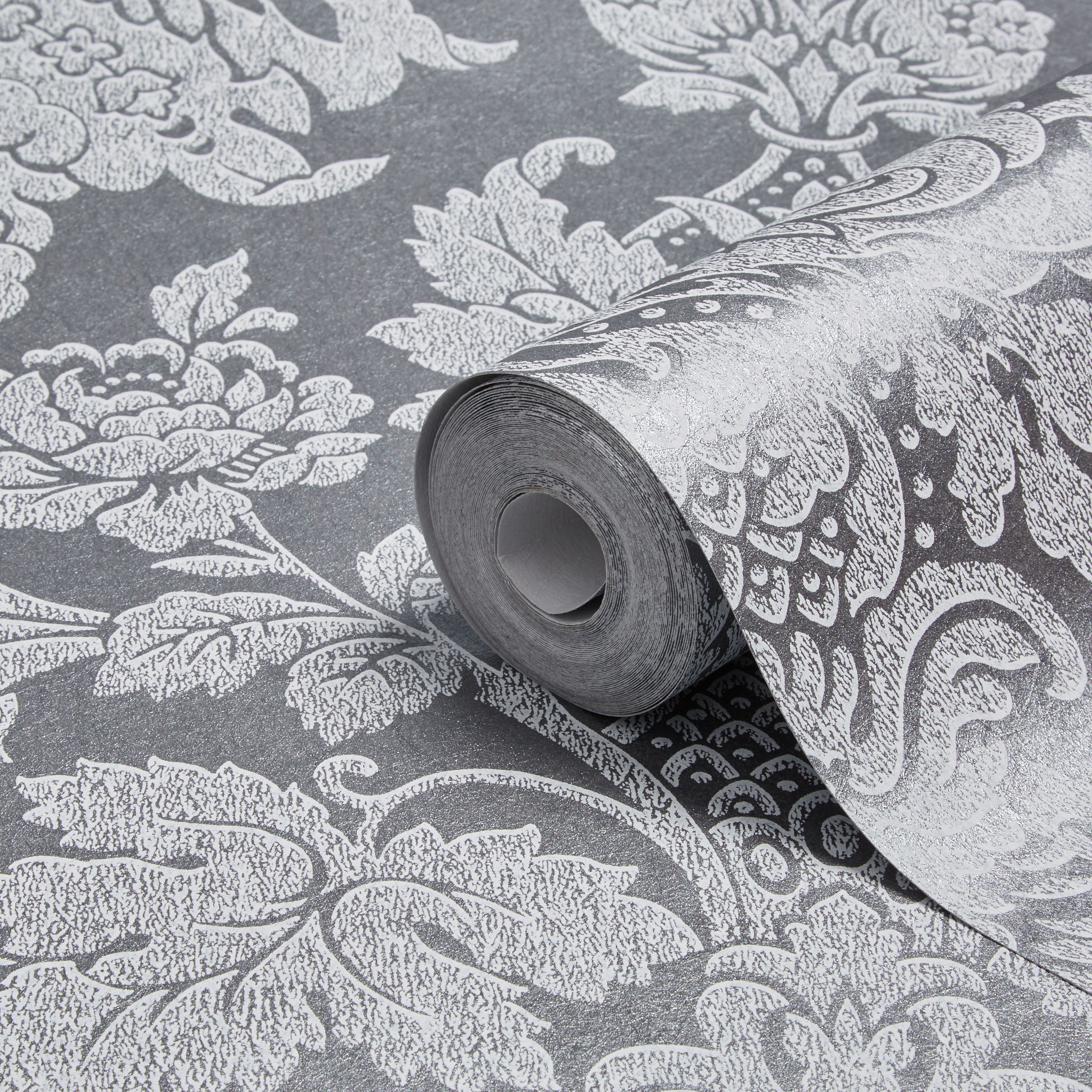 Boutique Buckingham Silver effect Damask Textured Wallpaper Sample