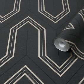 Boutique Chatwal Charcoal Metallic effect Geometric Textured Wallpaper Sample