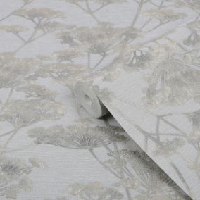 Boutique Grey Metallic effect Leaves Textured Wallpaper Sample