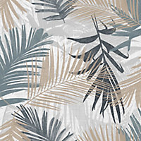 Boutique Jungle glam Blue & green Metallic effect Leaves Smooth Wallpaper