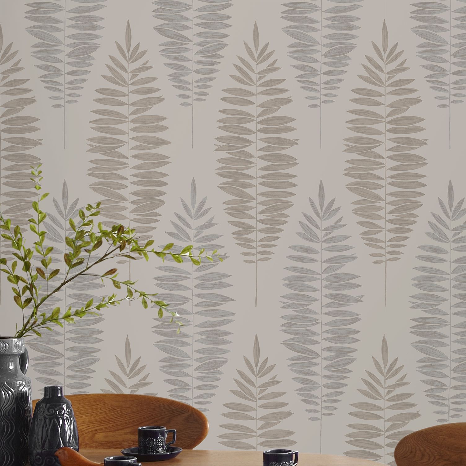 Boutique Lucia Beige Metallic effect Leaves Smooth Wallpaper