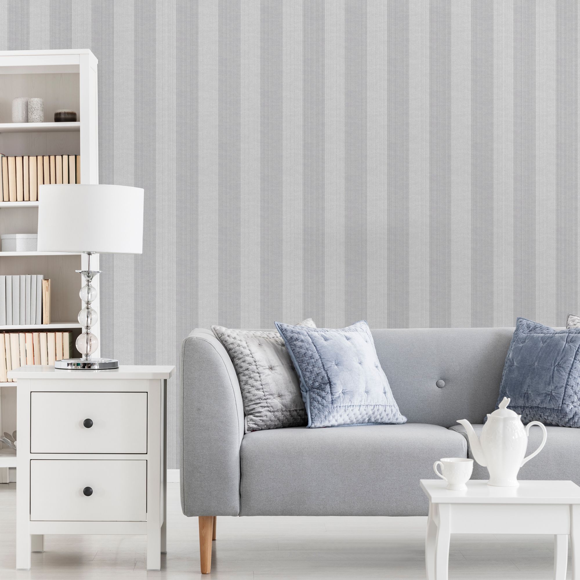 Boutique Lucinda Grey Metallic effect Striped Smooth Wallpaper Sample