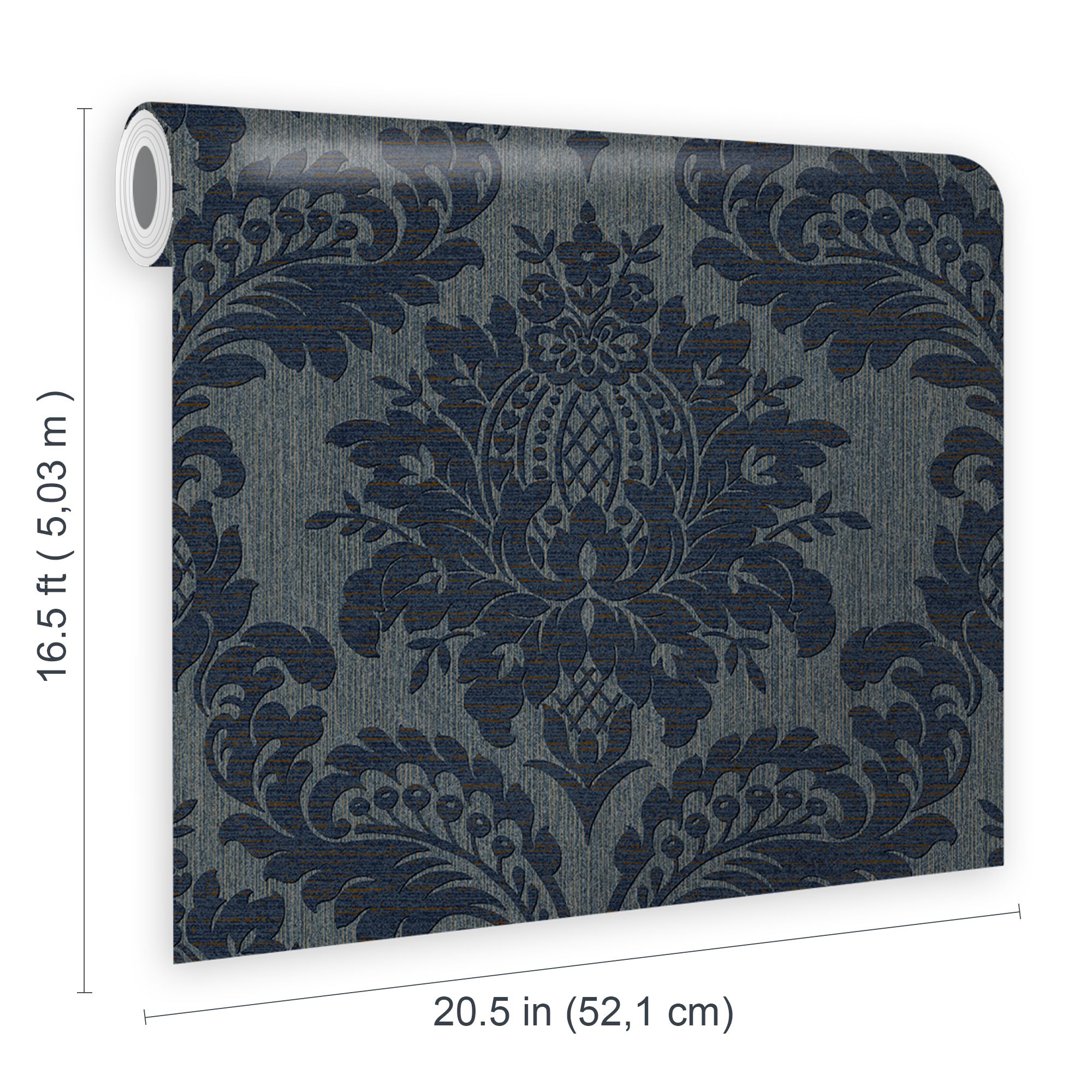 Boutique Navy Metallic effect Damask Textured Wallpaper Sample