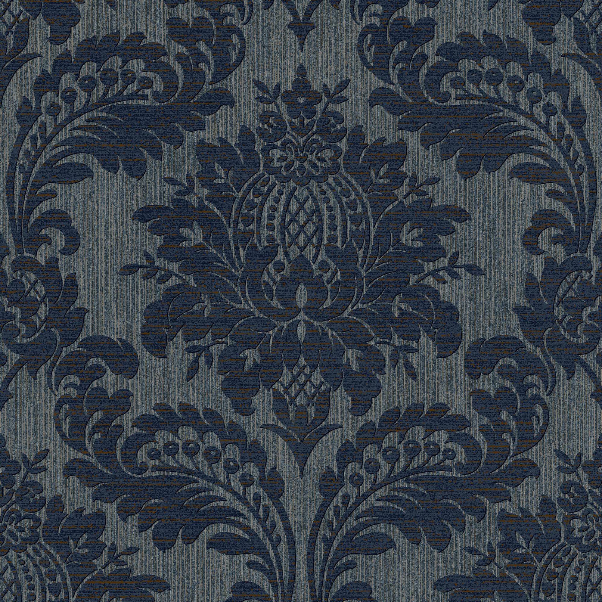 Boutique Navy Metallic effect Damask Textured Wallpaper Sample