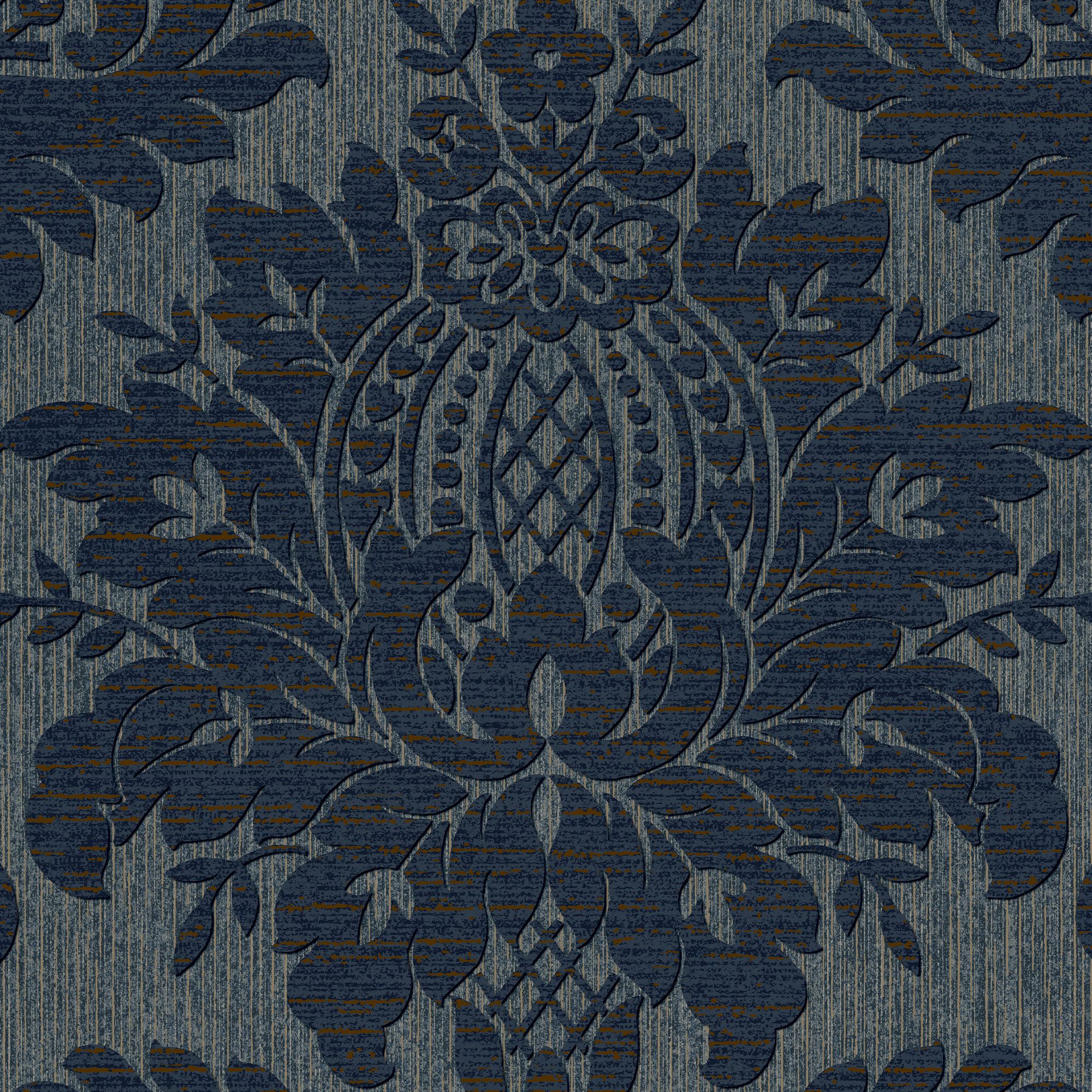 Boutique Navy Metallic effect Damask Textured Wallpaper Sample
