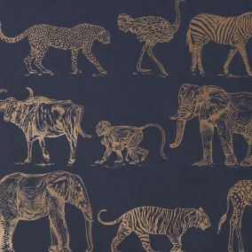 Boutique Navy Metallic effect Safari Smooth Wallpaper