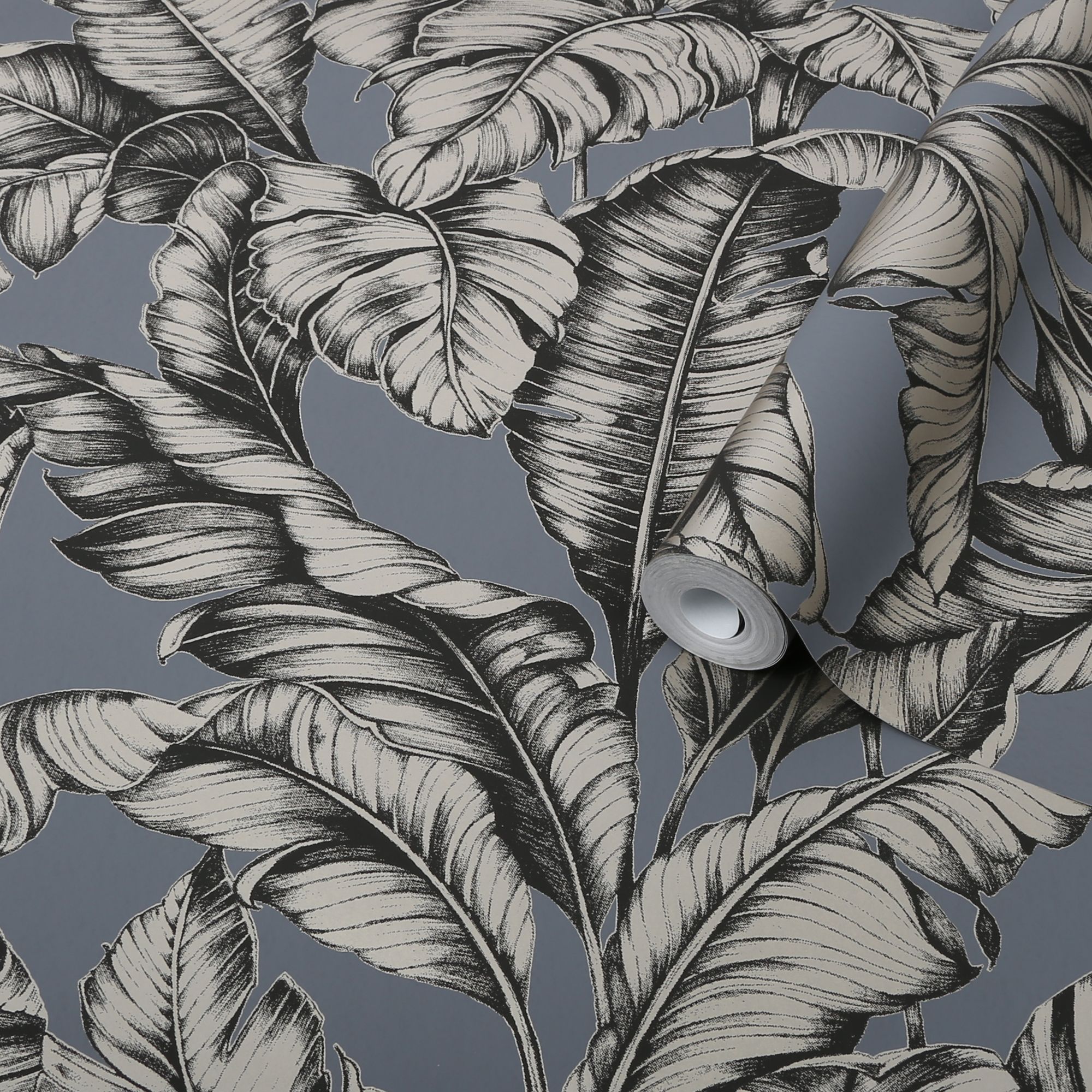 Boutique Sappor Petrol blue Gold effect Leaves Textured Wallpaper Sample