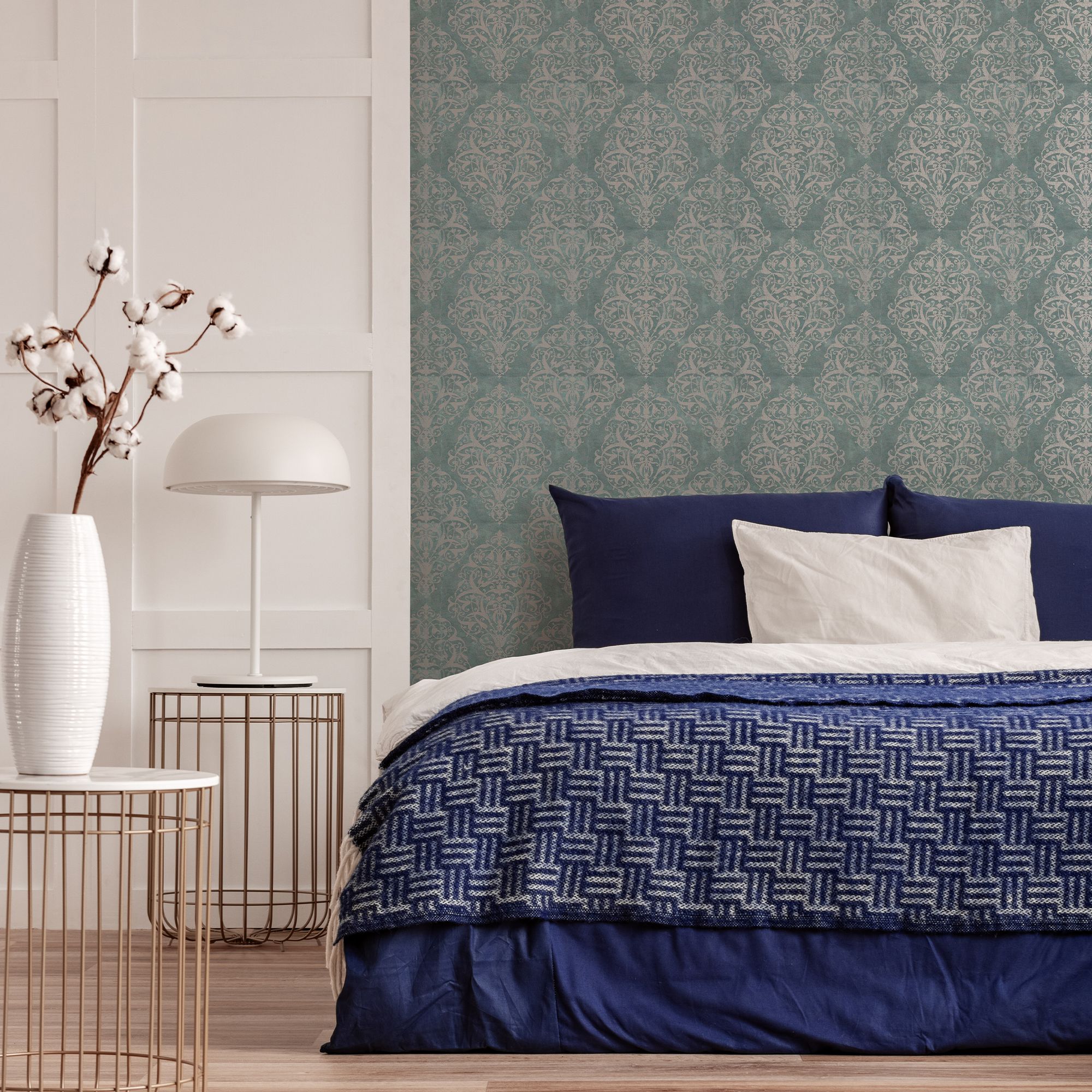 Boutique Shiraz Green & teal Metallic effect Damask Textured Wallpaper Sample