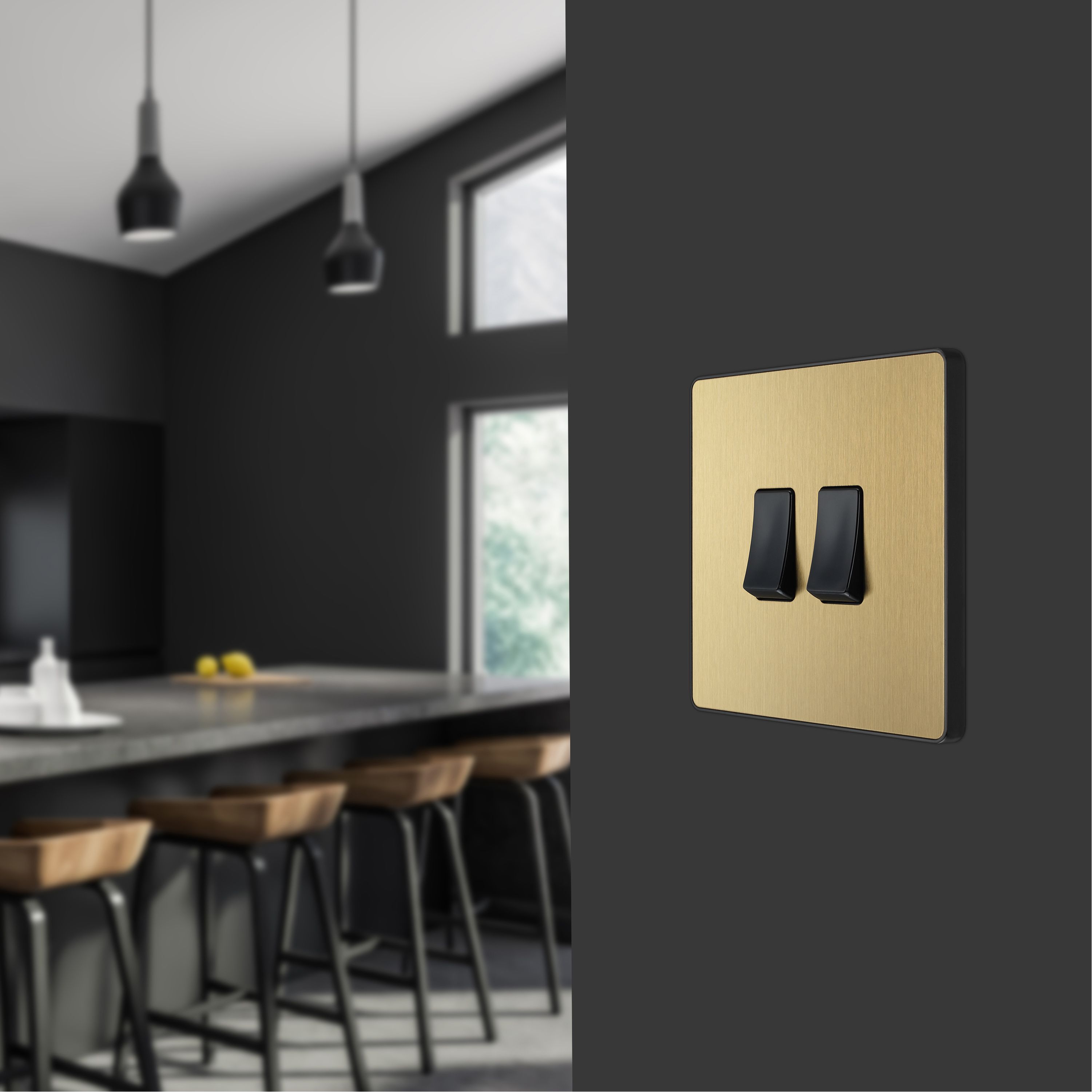 British General 20A 2 way 2 gang Double light Screwless Switch Satin Brass effect