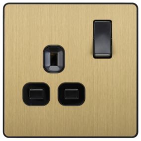 British General Brass effect Single 13A Gold Switched socket & Black inserts