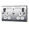 British General Chrome Double 13A Switched Socket with USB x1 & White inserts