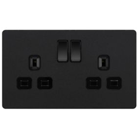 British General Double 13A Matt Black Switched socket & Black inserts