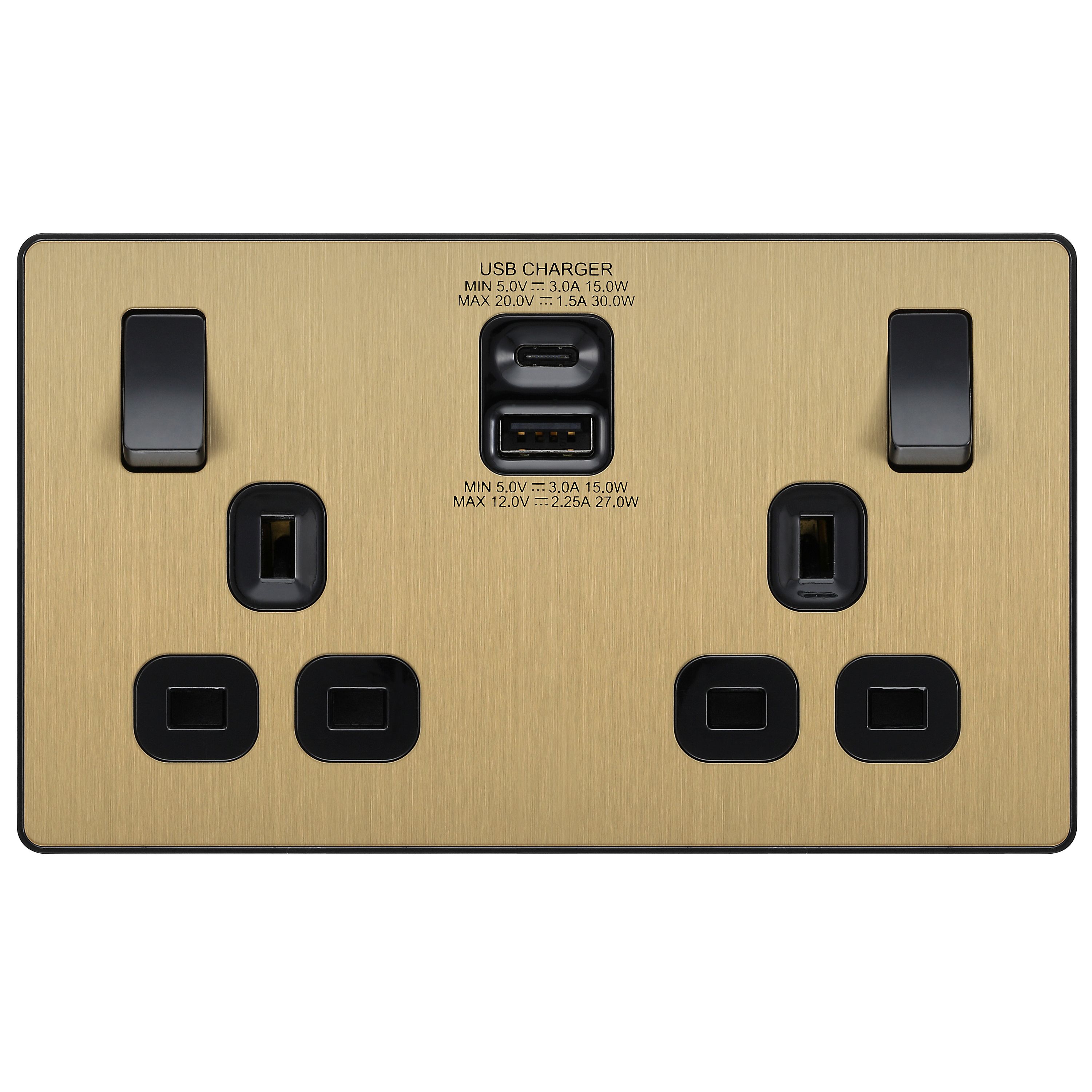 British General Double 13A Screwless Switched Gold Socket with USB 