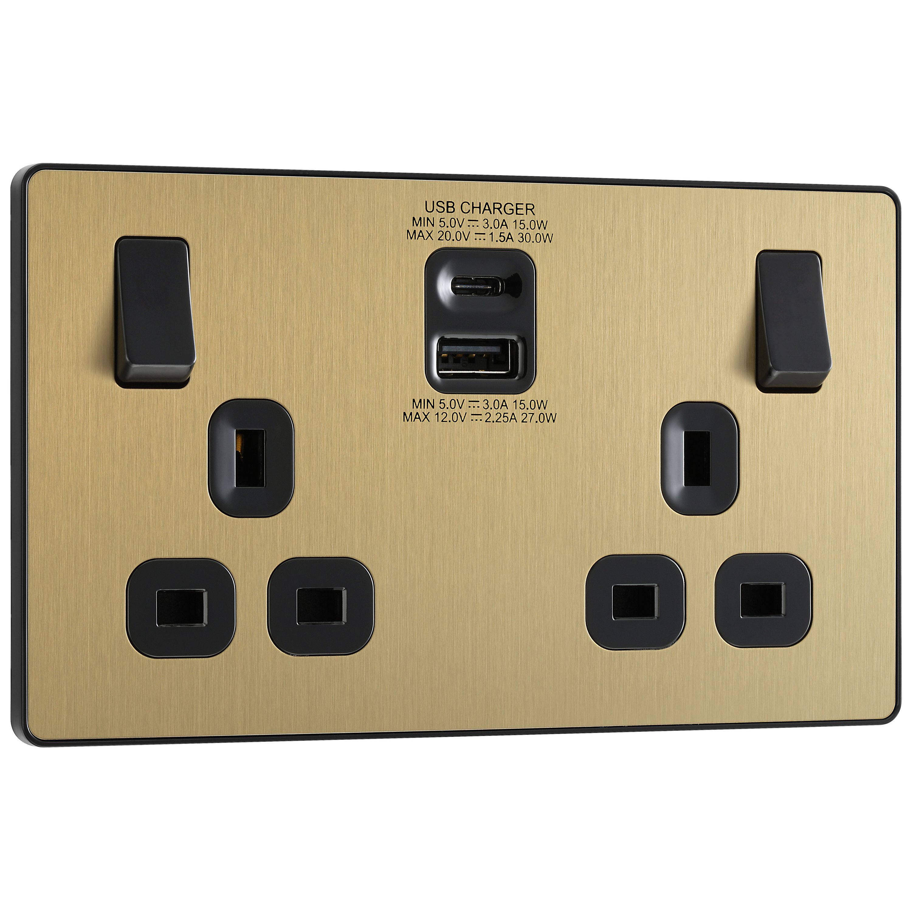 British General Double 13A Screwless Switched Gold Socket with USB 