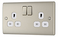 British General Nickel Double 13A Switched Socket with White inserts
