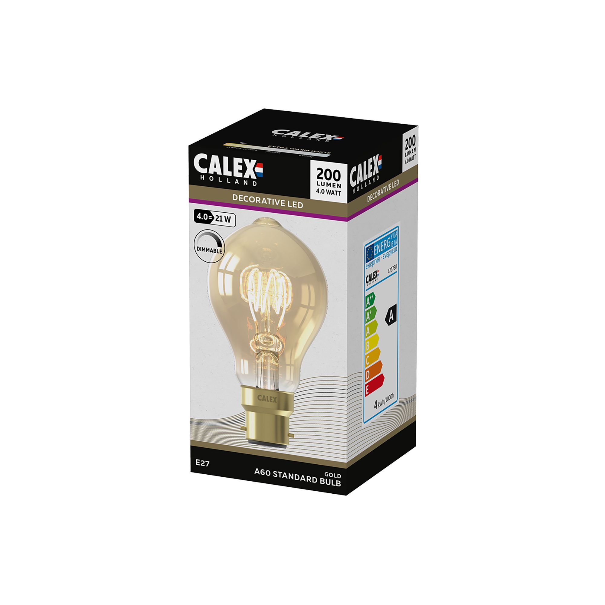 CALEX B22 4W 200lm Amber A60 Extra warm white LED Dimmable Filament Light bulb