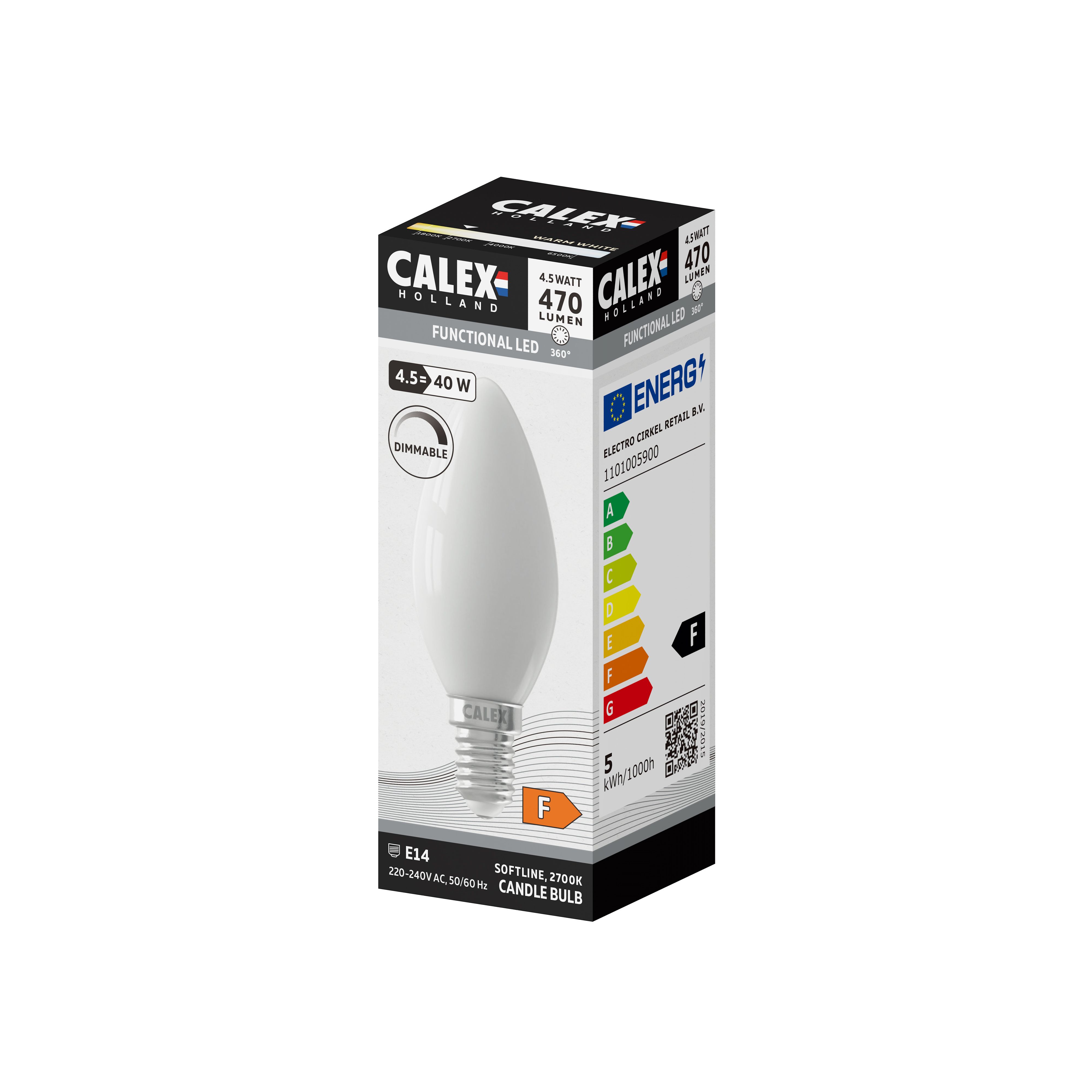 CALEX E14 4W 450lm White Candle Warm white LED Dimmable Filament Light bulb