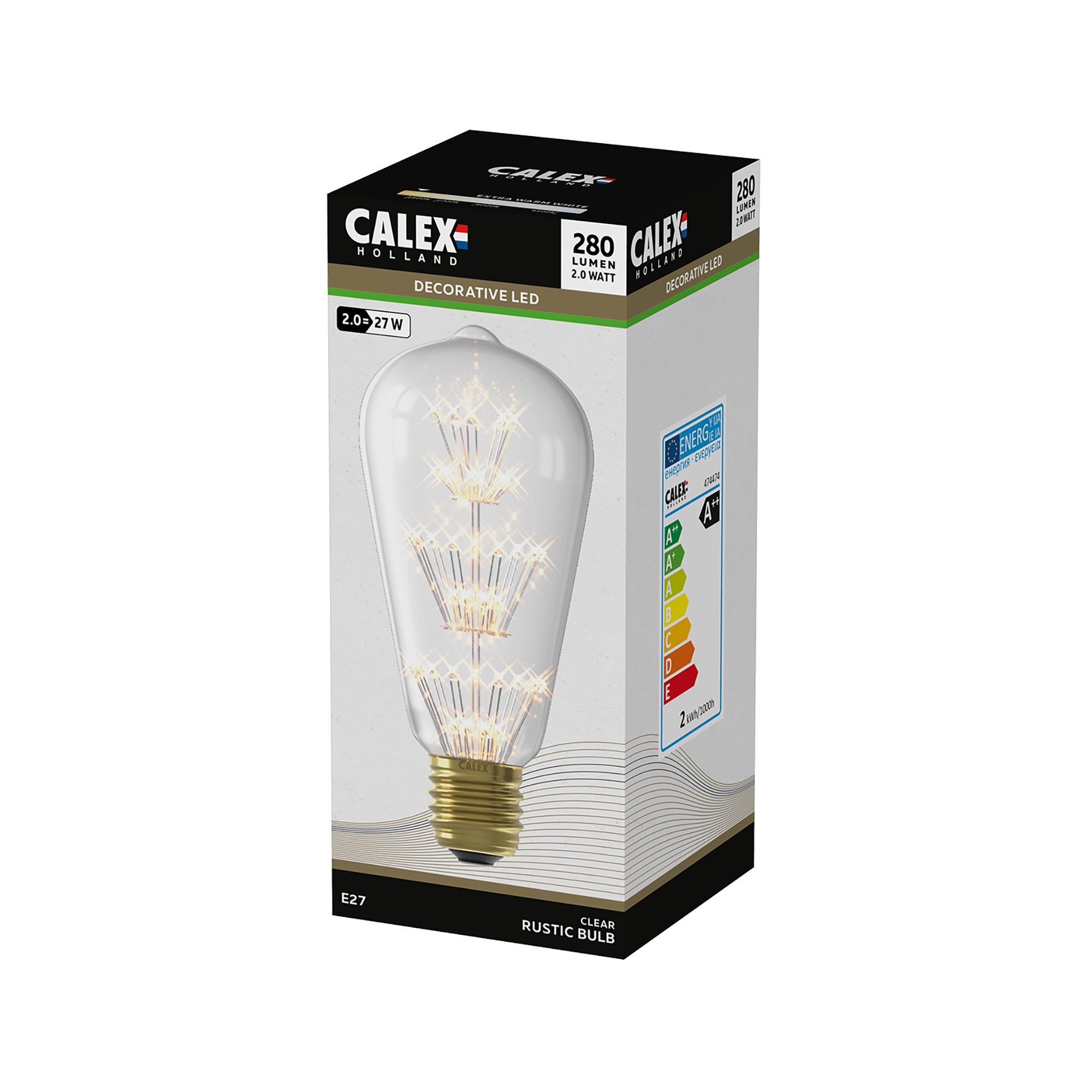 CALEX E27 2W 280lm Clear ST64 Extra warm white LED Filament Light bulb