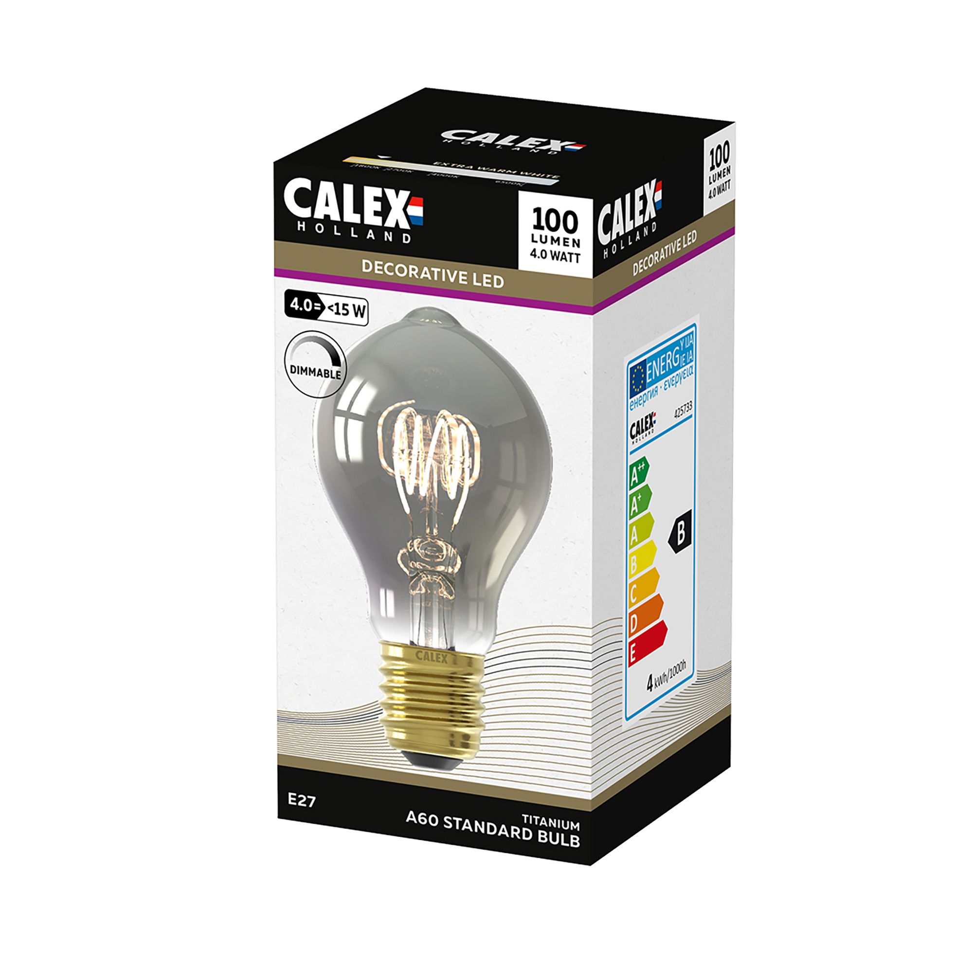 CALEX E27 4W 100lm Smoke A60 Extra warm white LED Dimmable Filament Light bulb