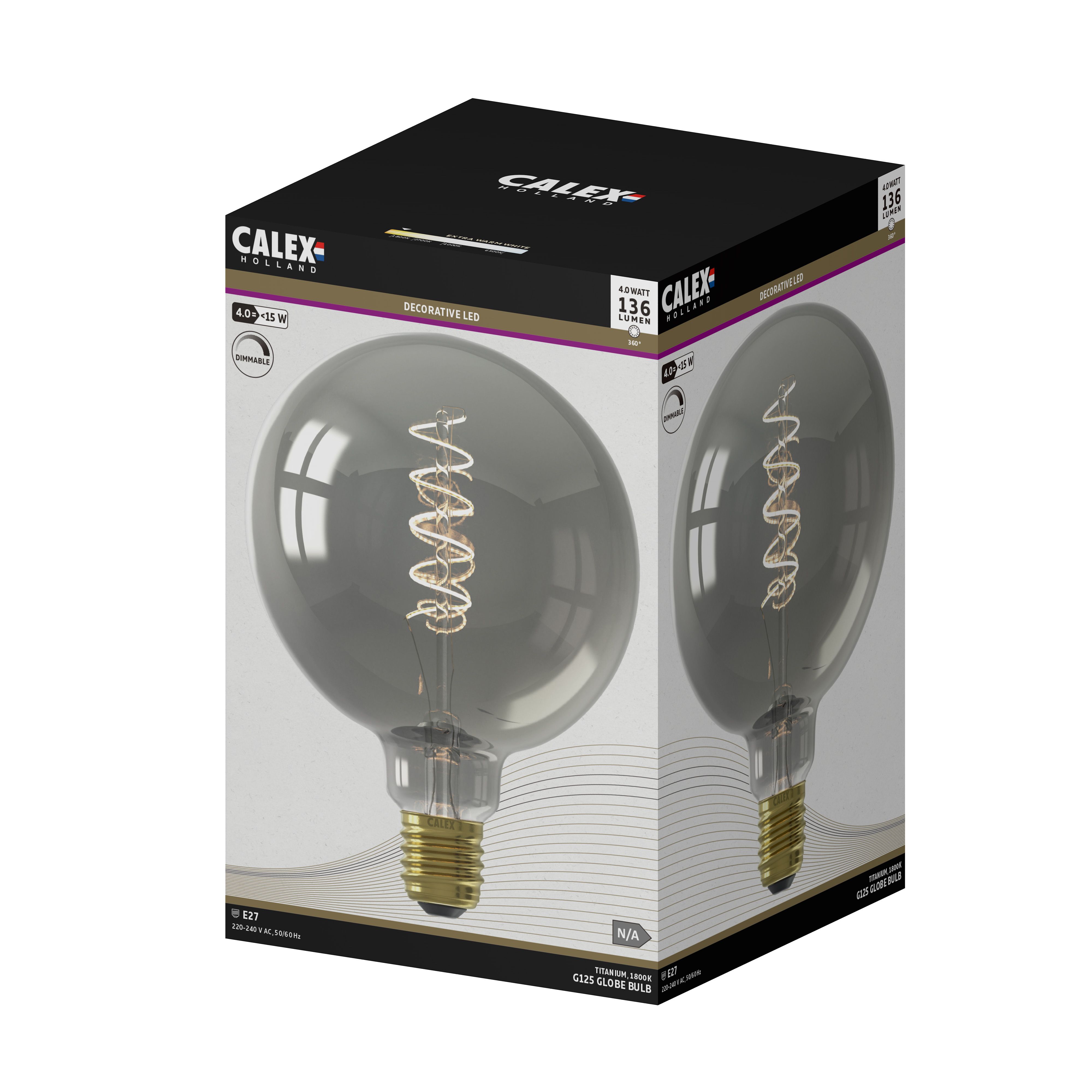 CALEX E27 4W 100lm Smoke Globe Extra warm white LED Dimmable Filament Light bulb