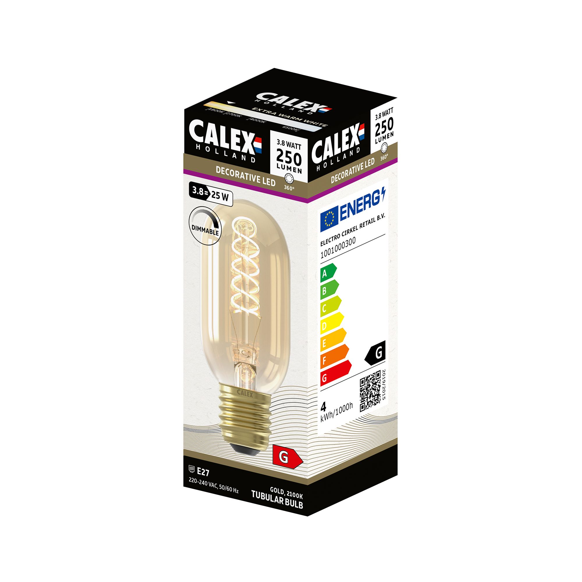 CALEX E27 4W 200lm Amber Tube Extra warm white LED Dimmable Filament Light bulb