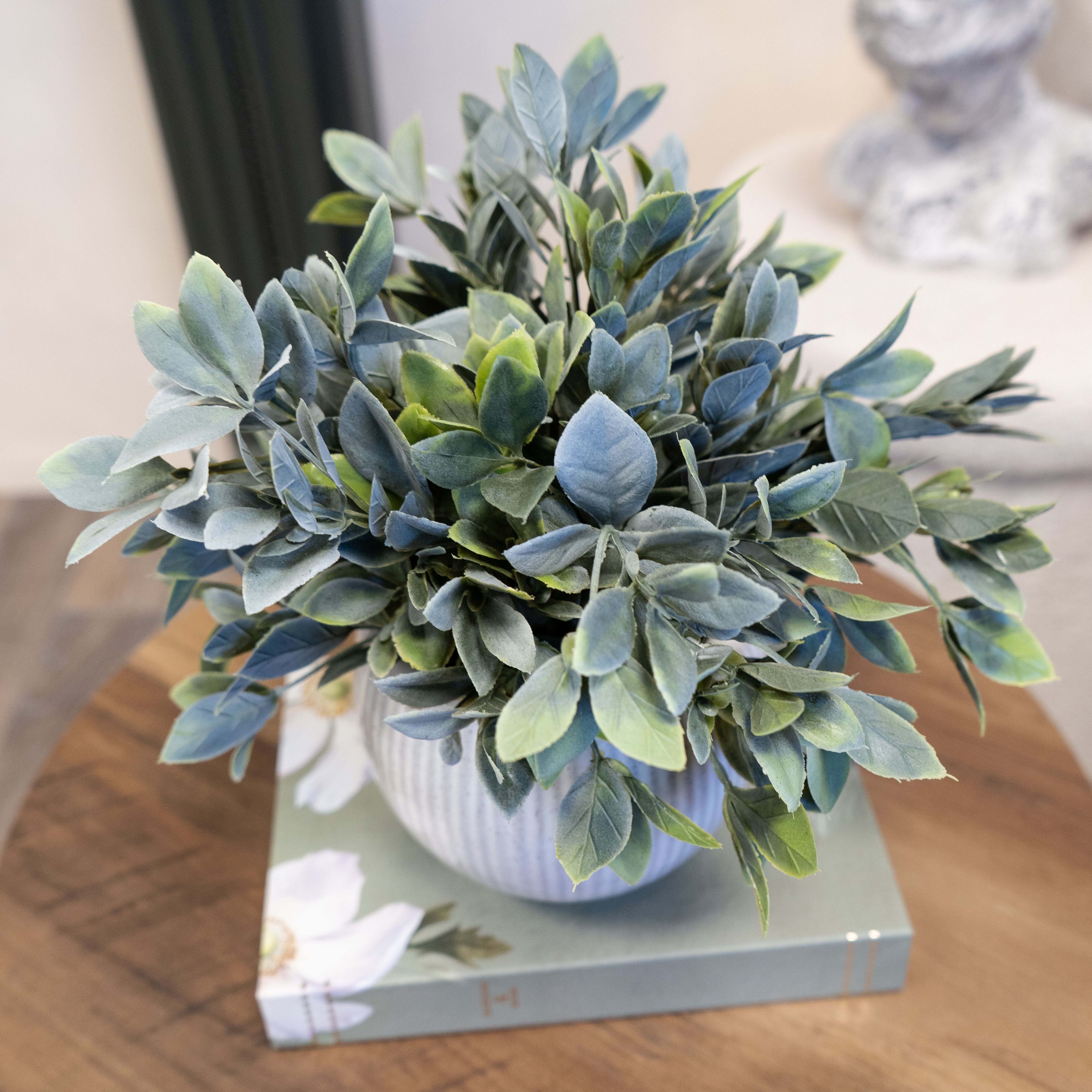 Candlelight Green & Cream 26cm Fern Pot with artificial fern in Cream Ribbed Ceramic Pot