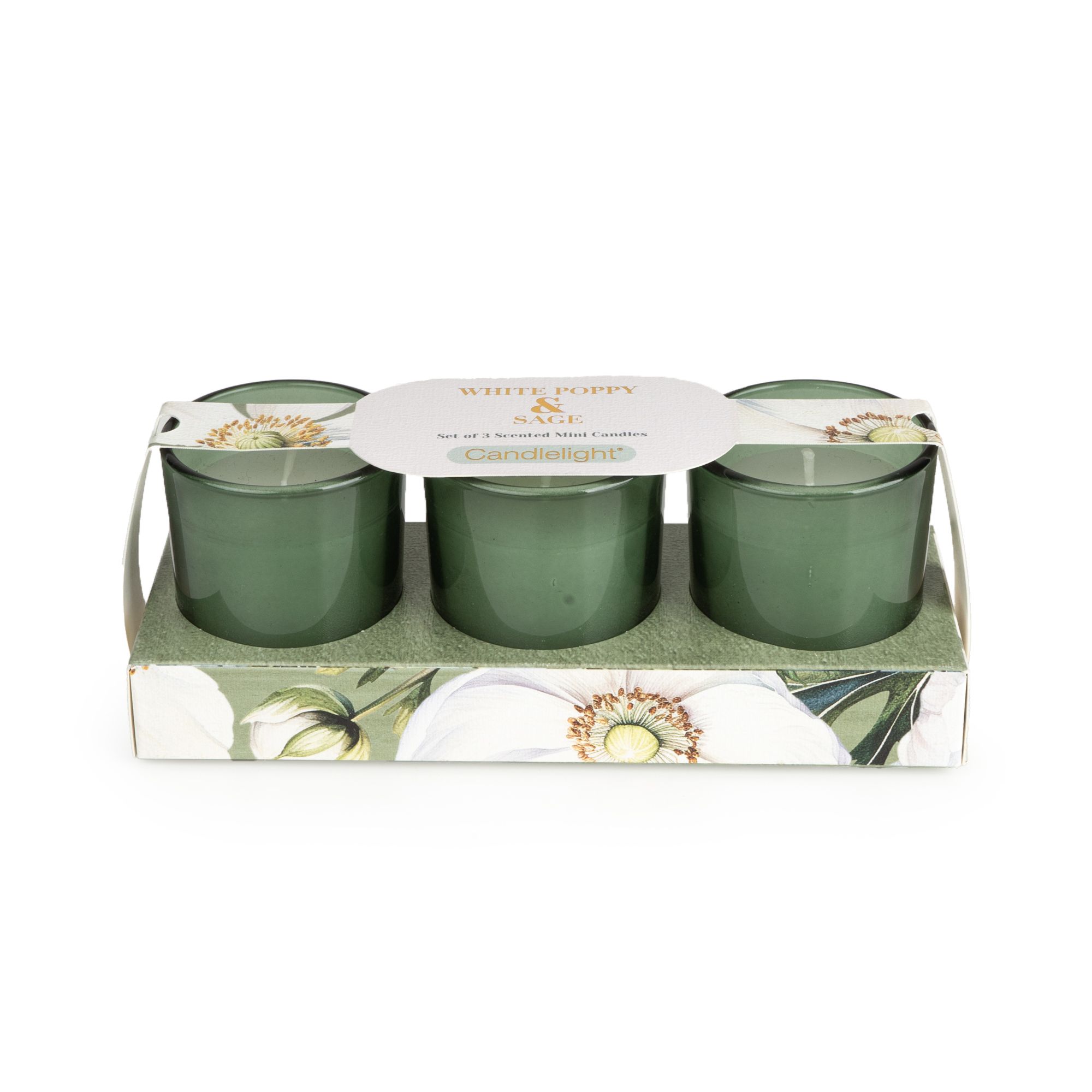 Candlelight Green Floral White Poppy & Sage Candle, Set of 3