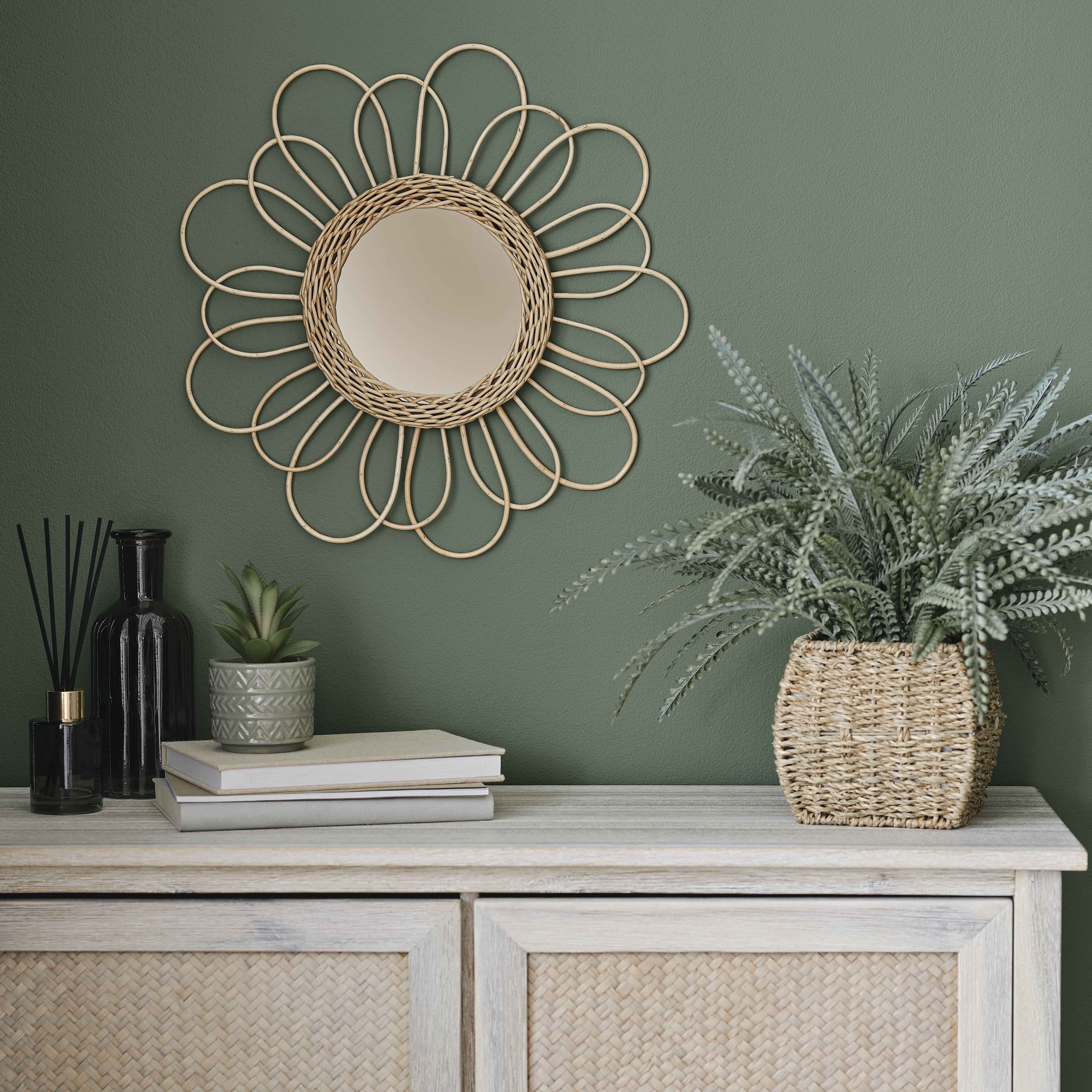 Candlelight Natural Rattan Circular Wall-mounted Framed mirror, (H)38cm (W)38cm