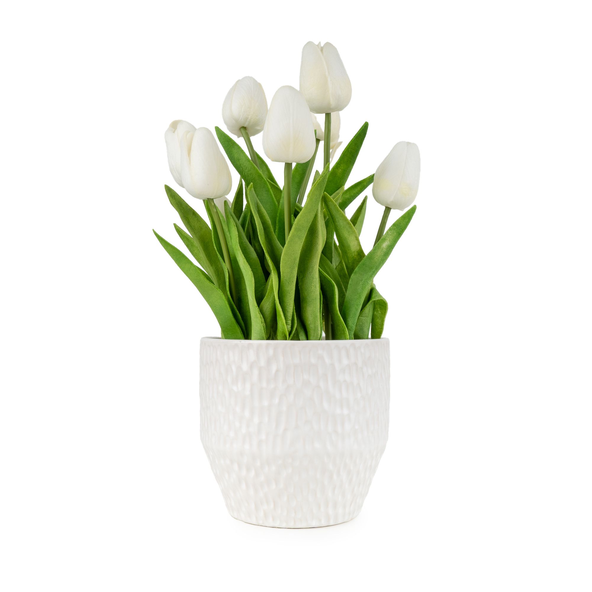 Candlelight White & Green 31.5cm Tulips Artificial floral arrangement in White Textured Ceramic Pot
