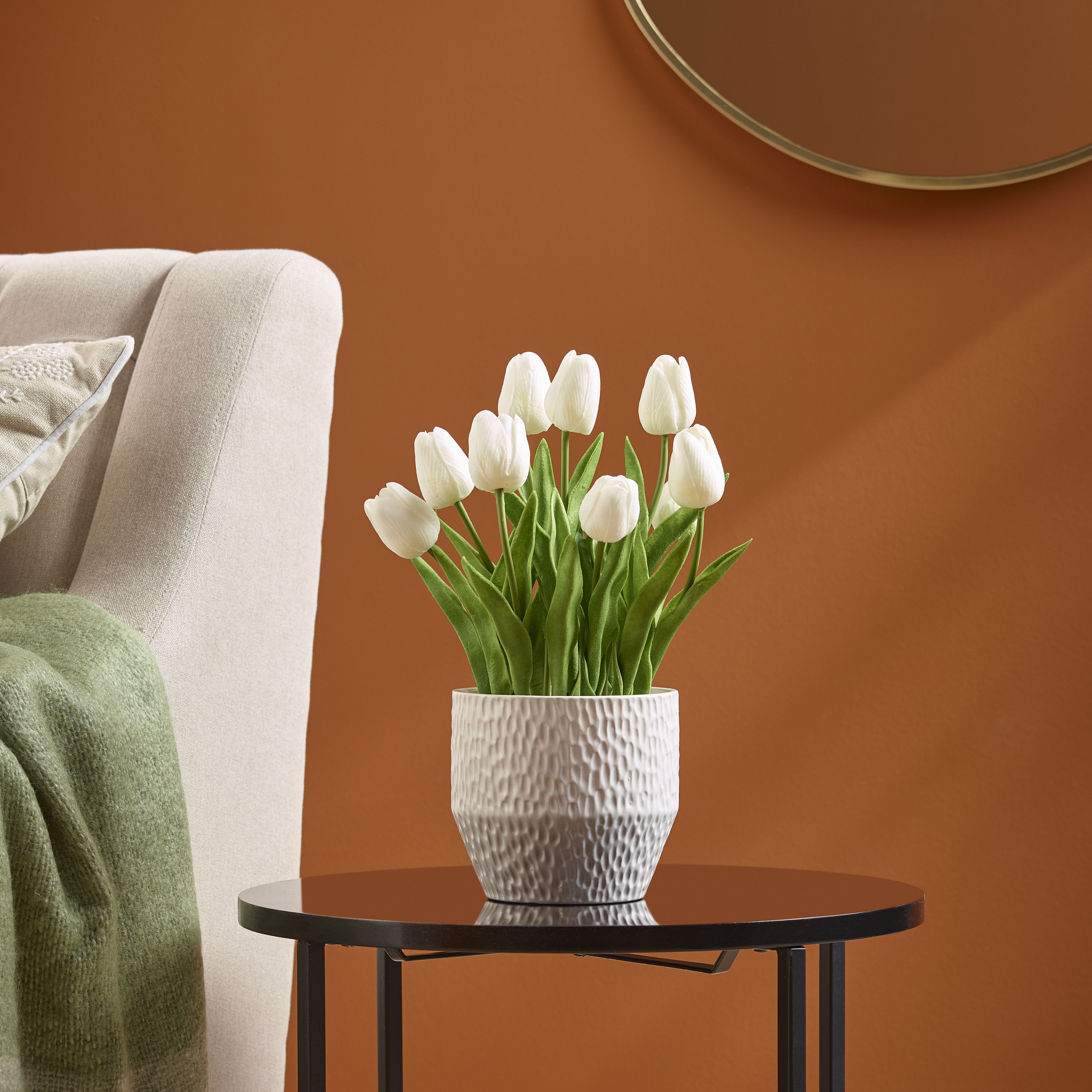 Candlelight White & Green 31.5cm Tulips Artificial floral arrangement in White Textured Ceramic Pot