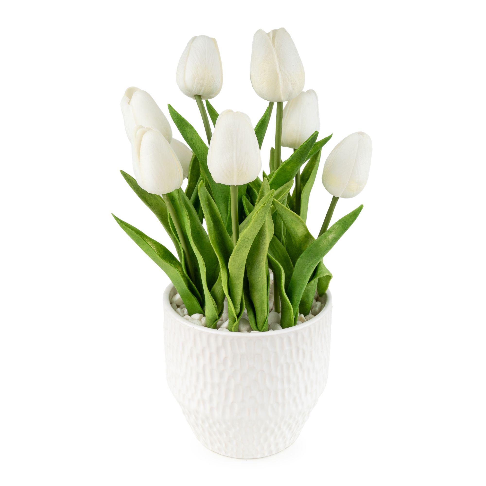 Candlelight White & Green 31.5cm Tulips Artificial floral arrangement in White Textured Ceramic Pot