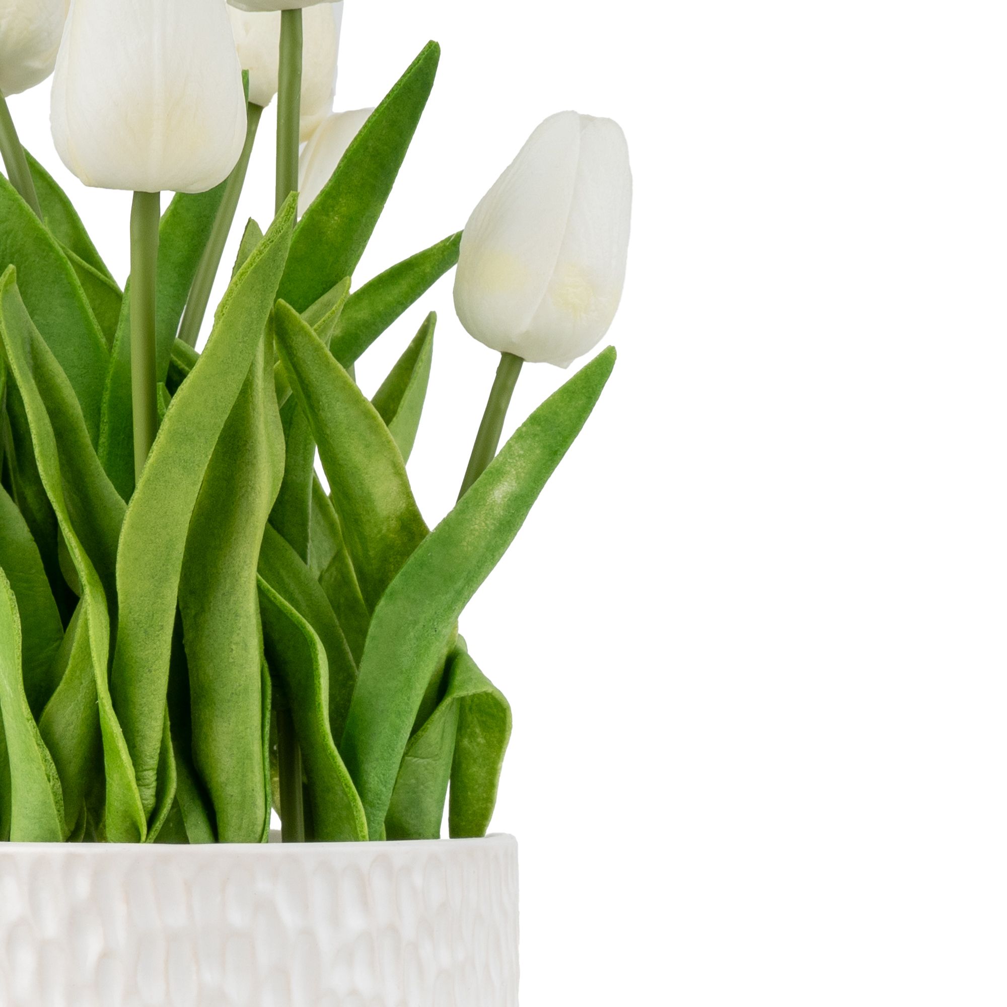 Candlelight White & Green 31.5cm Tulips Artificial floral arrangement in White Textured Ceramic Pot
