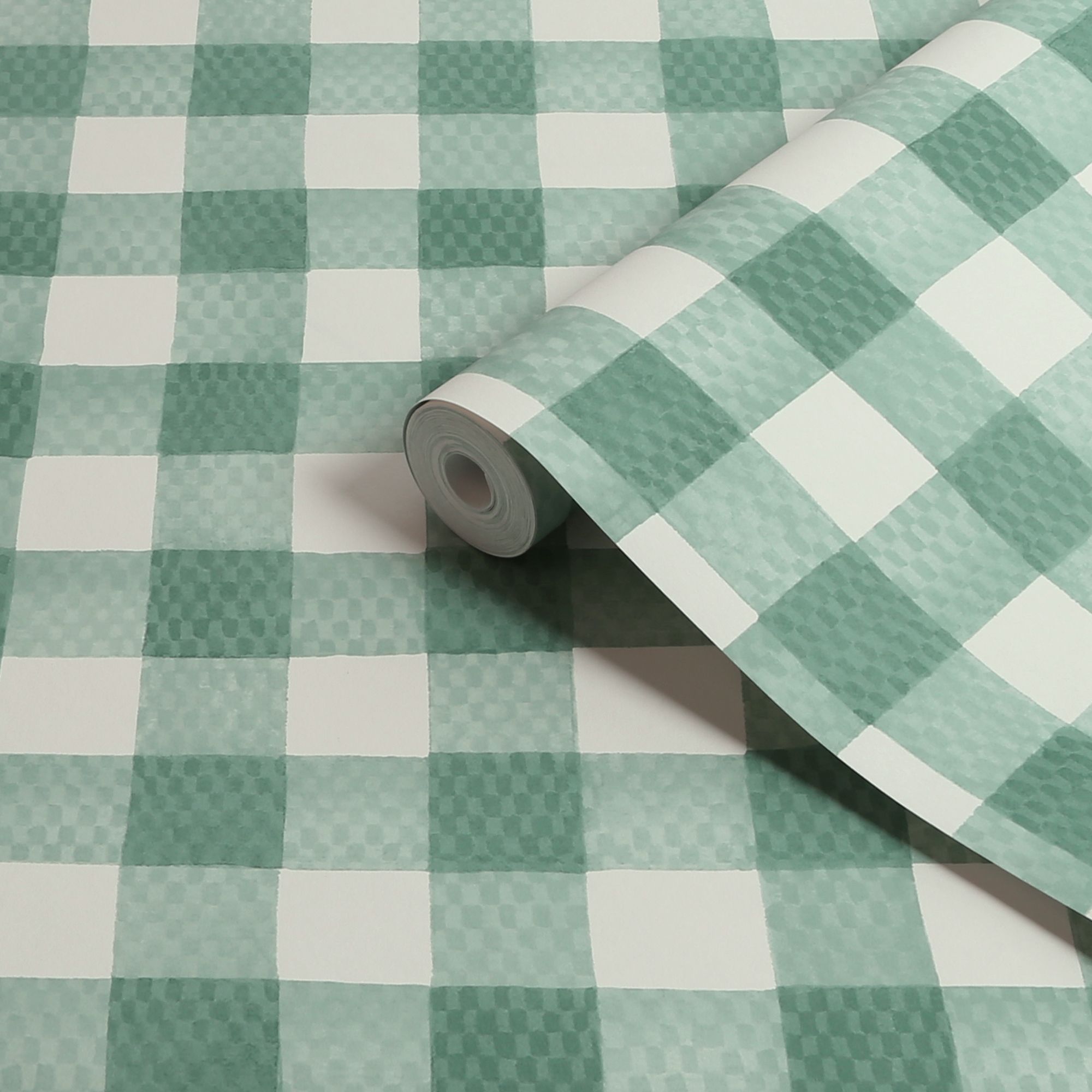 Cath Kidston Green & Cream Painted Gingham Smooth Wallpaper