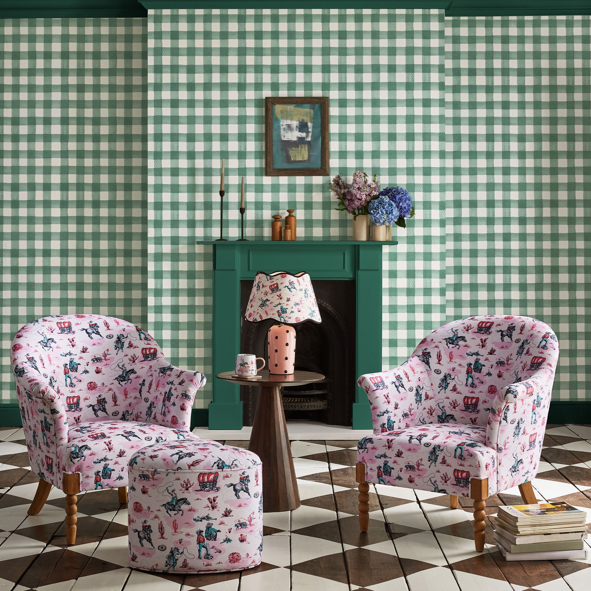 Cath Kidston Green & Cream Painted Gingham Smooth Wallpaper