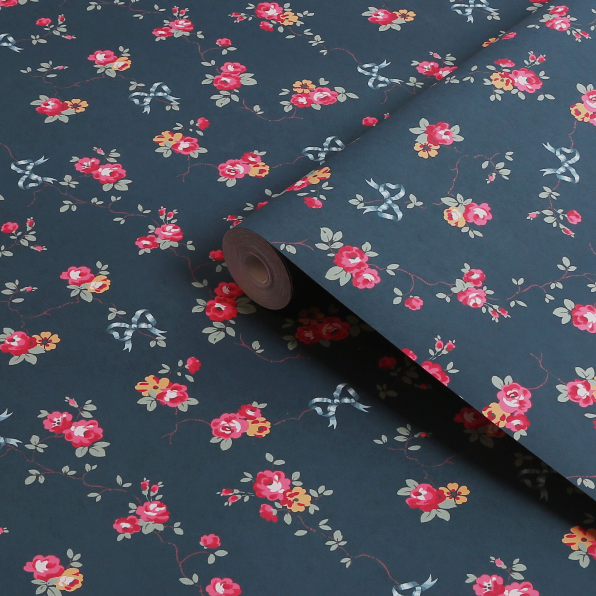 Cath Kidston Navy Rose & Bows Patterned Smooth Wallpaper