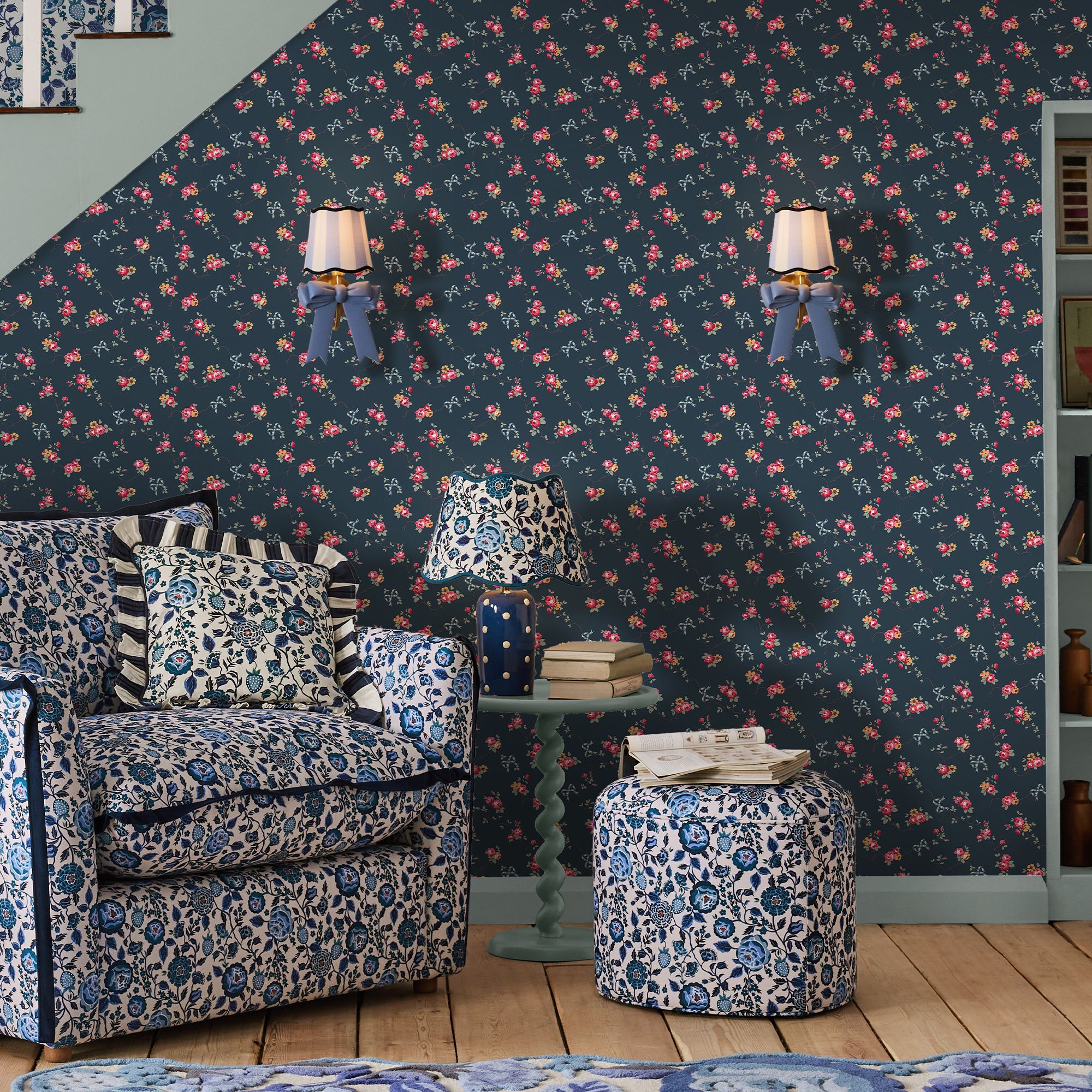 Cath Kidston Navy Rose & Bows Patterned Smooth Wallpaper