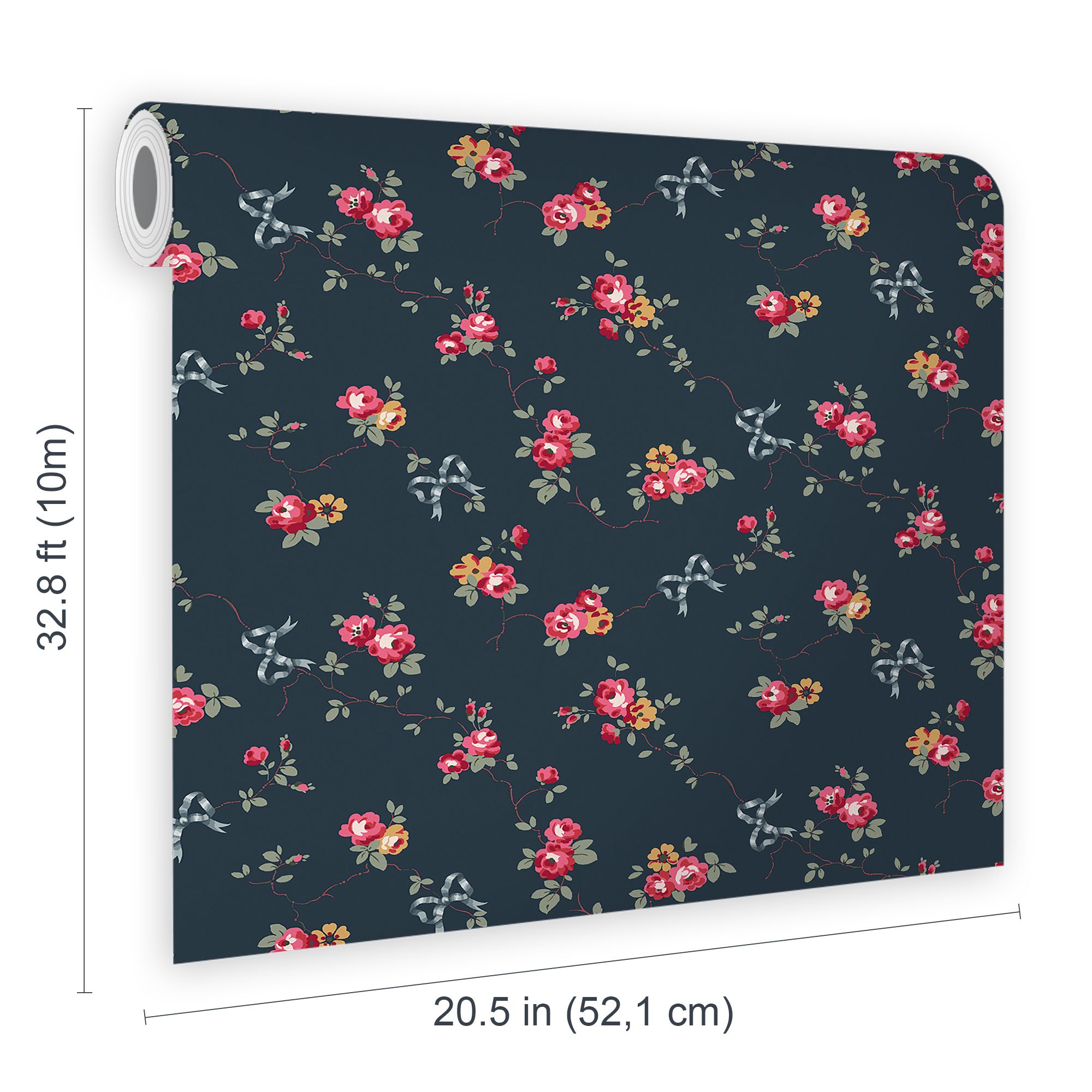 Cath Kidston Navy Rose & Bows Patterned Smooth Wallpaper