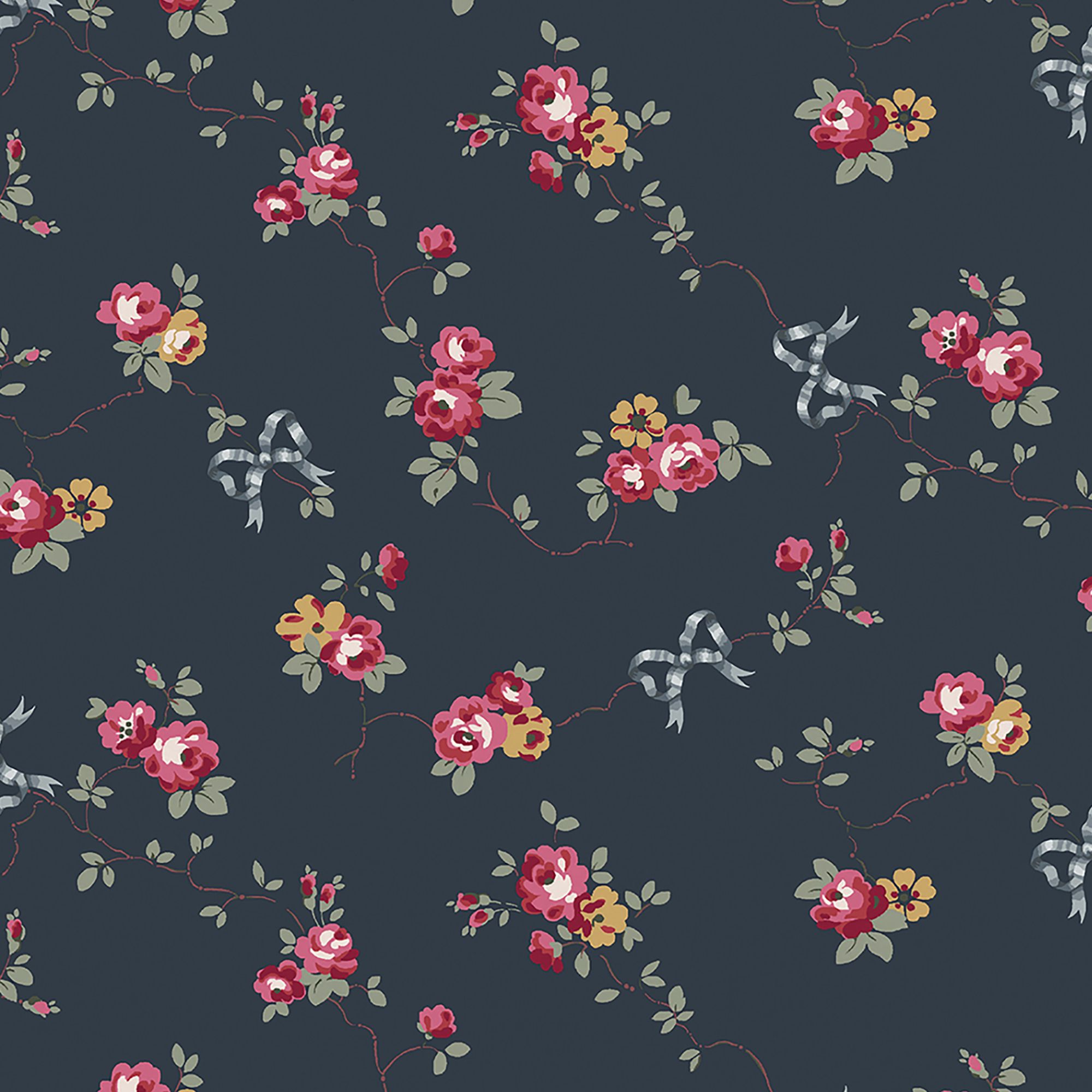 Cath Kidston Navy Rose & Bows Patterned Smooth Wallpaper