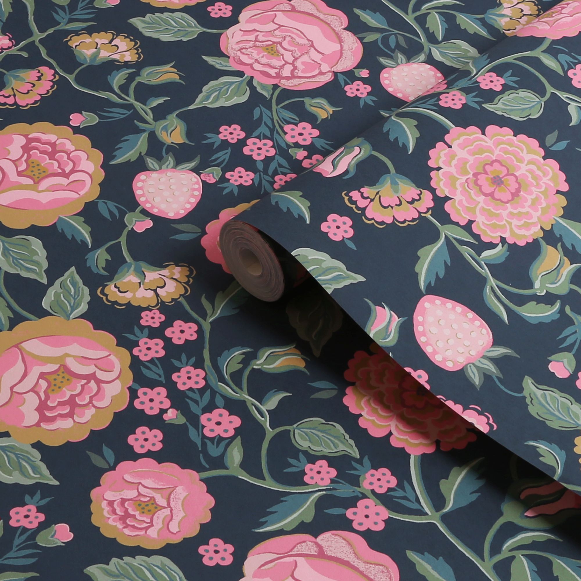 Cath Kidston Navy Strawberry Garden Smooth Wallpaper