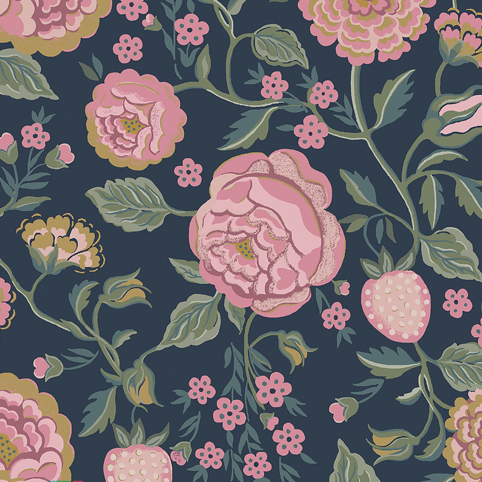 Cath Kidston Navy Strawberry Garden Smooth Wallpaper