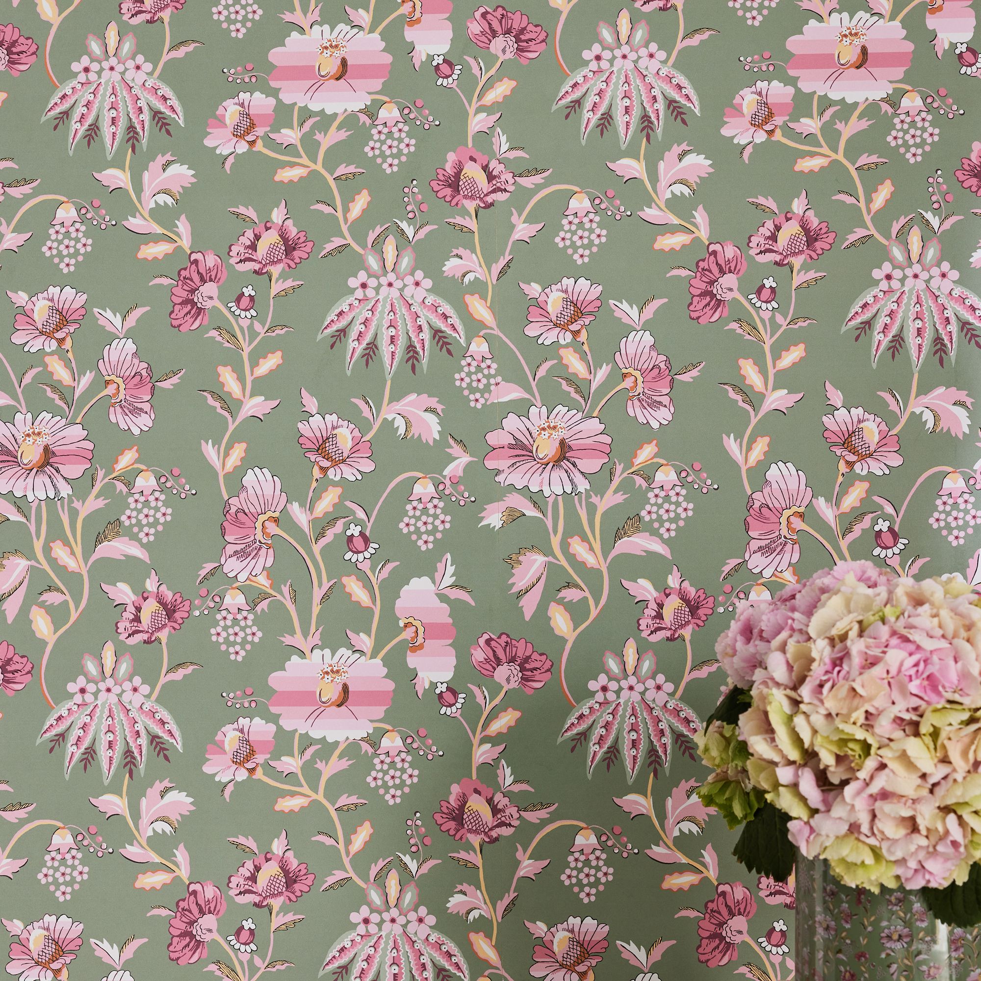 Cath Kidston Sage & Pink Friendship Garden Smooth Wallpaper