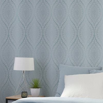 Celosi Blue Metallic effect Damask Textured Wallpaper