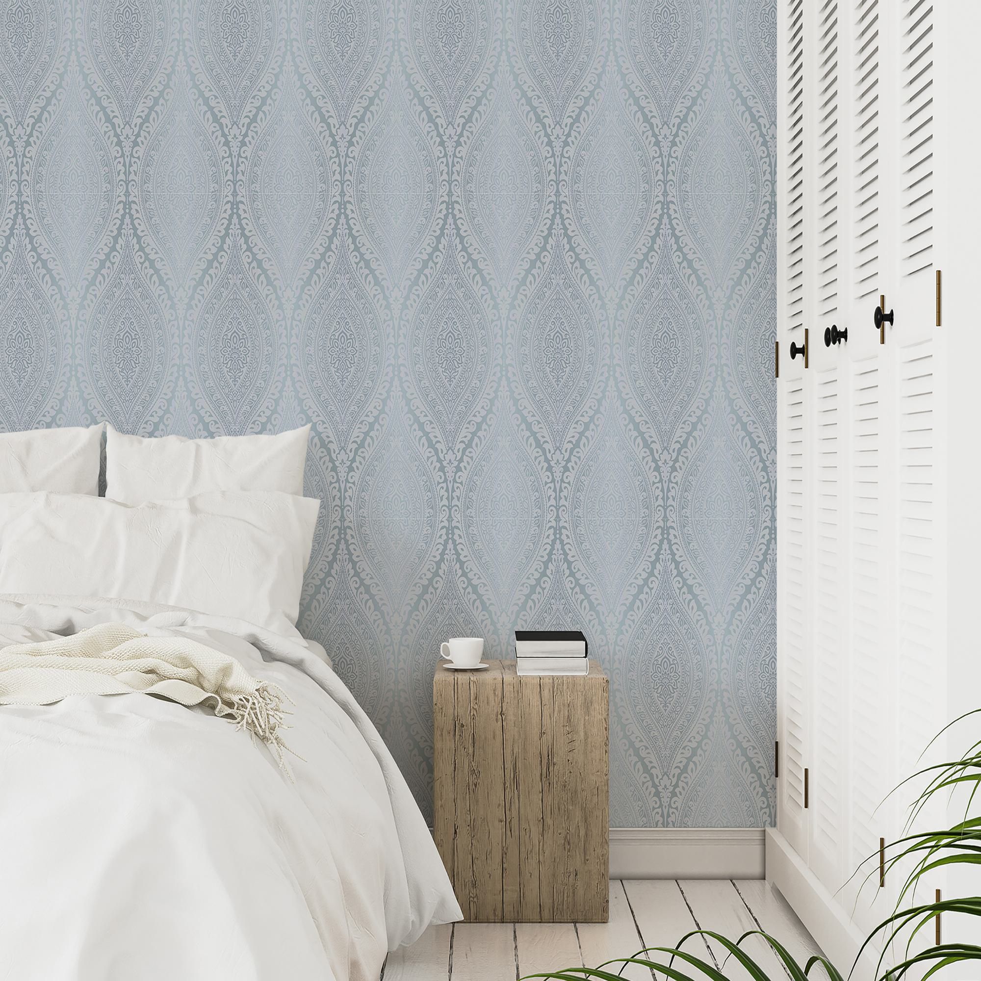 Celosi Blue Metallic effect Damask Textured Wallpaper